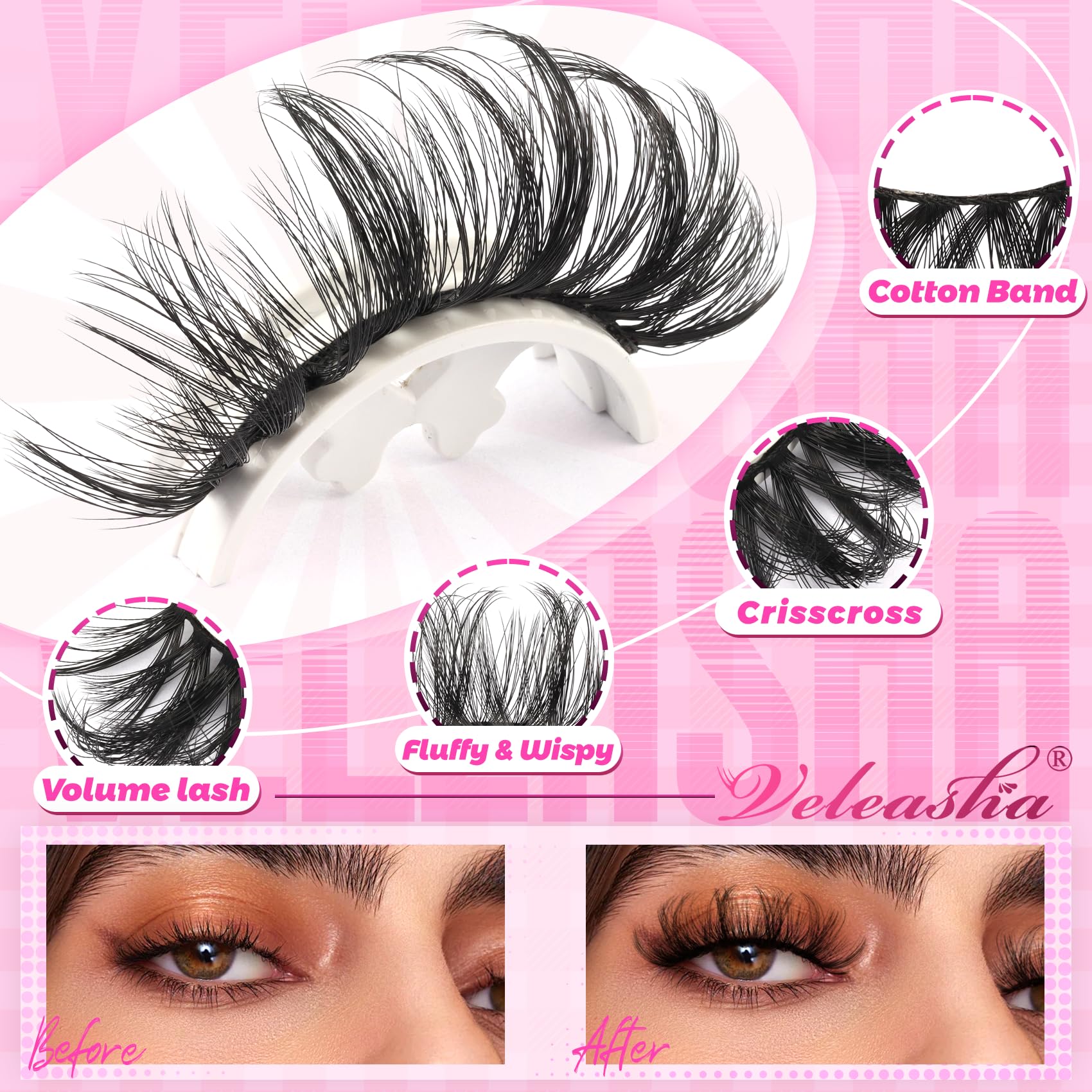 Veleasha Lashes Fluffy Wispy sztuczne rzęsy Mink Eyelashes Criss-cross, sztuczne rzęsy dla kobiet, 10 par (6D23)