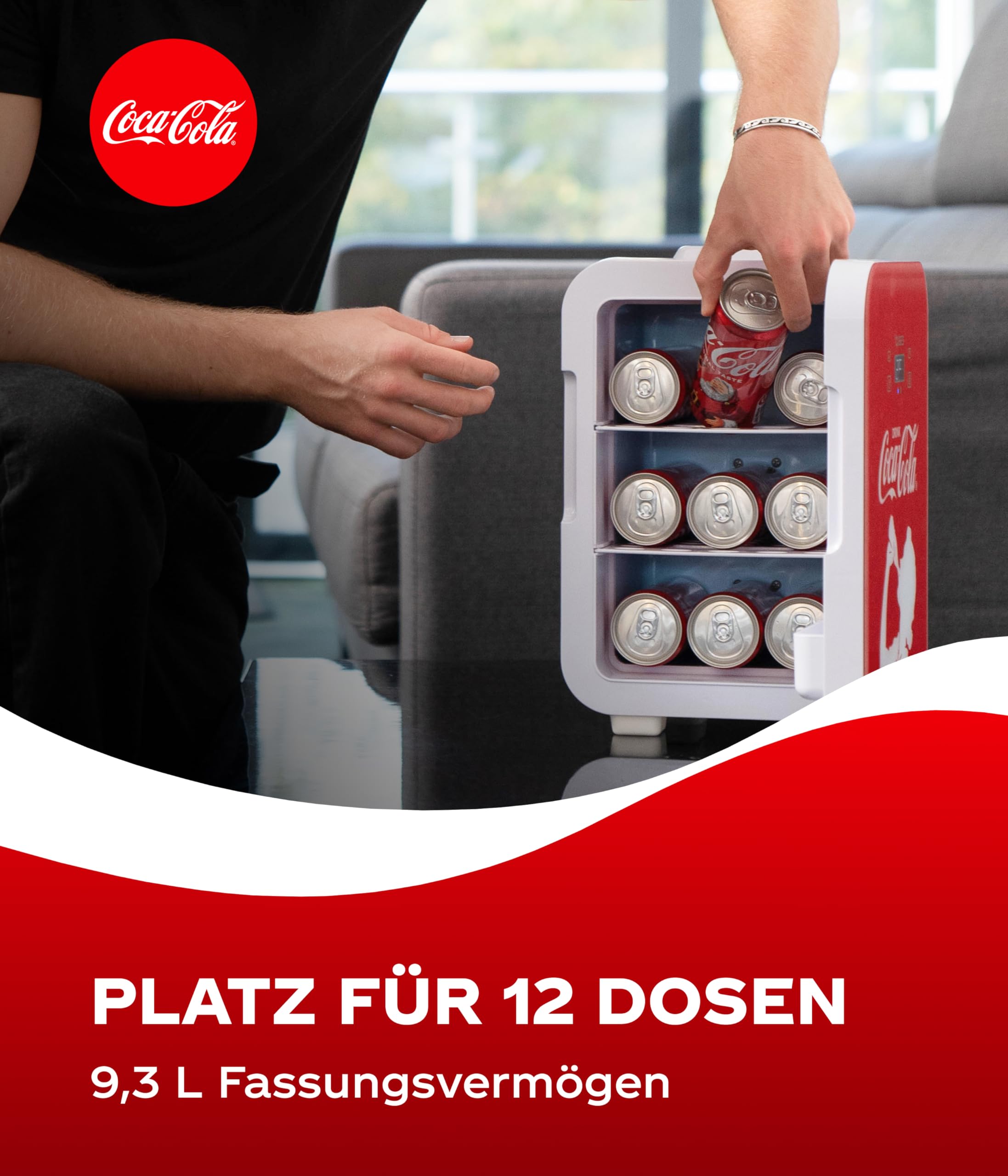 °CUBES Coca-Cola Mini Kühlschrank 9,3L | Kompakter Minikühlschrank mit Glasdruck & LCD-Touch-Display | Kleiner Kühlschrank für Auto & Haushalt | Leise & Effizient | 12V/220V