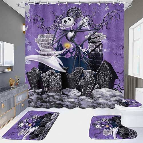 Miniatura 8 de DDQTOUCH Juego de baño de 4 piezas con cortina de ducha y alfombras, juego de cortina de ducha de Halloween Jack Skellington con 12 ganchos (Jack-6)