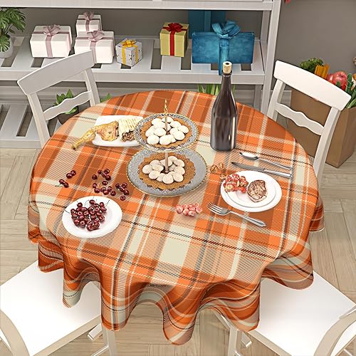 Miniatura 7 de Kawani Mantel redondo de otoño naranja de 60 pulgadas, mantel de cuadros de búfalo de Acción de Gracias, decoración de otoño a cuadros, funda de