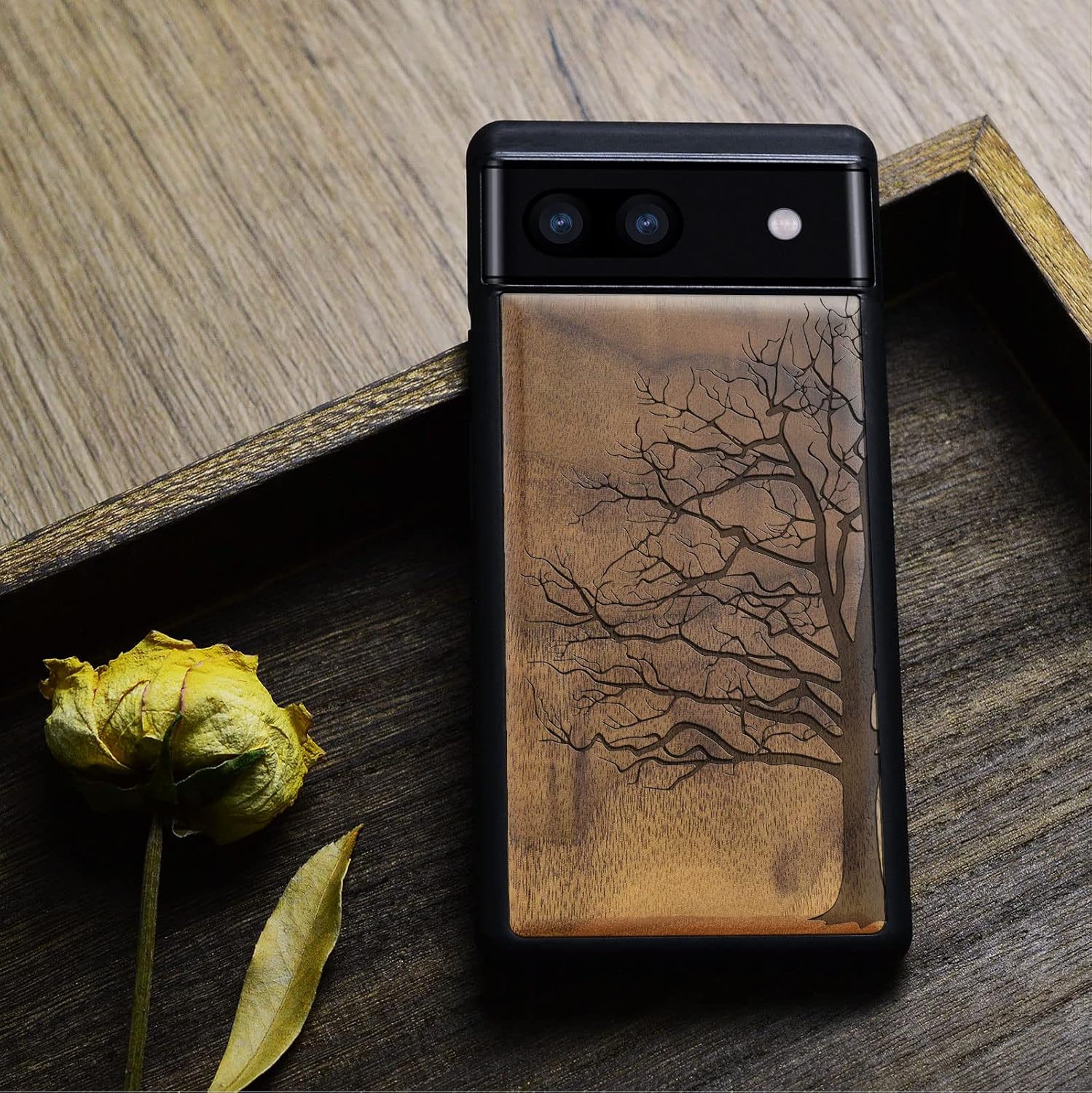 Carveit Wood Case for Pixel 6a Case [Natural Wood & Black Soft TPU] Shockproof Protective Unique & Classy Wooden Cover Compatible with Google Pixel 6a (Eternal Tree-Walnut)