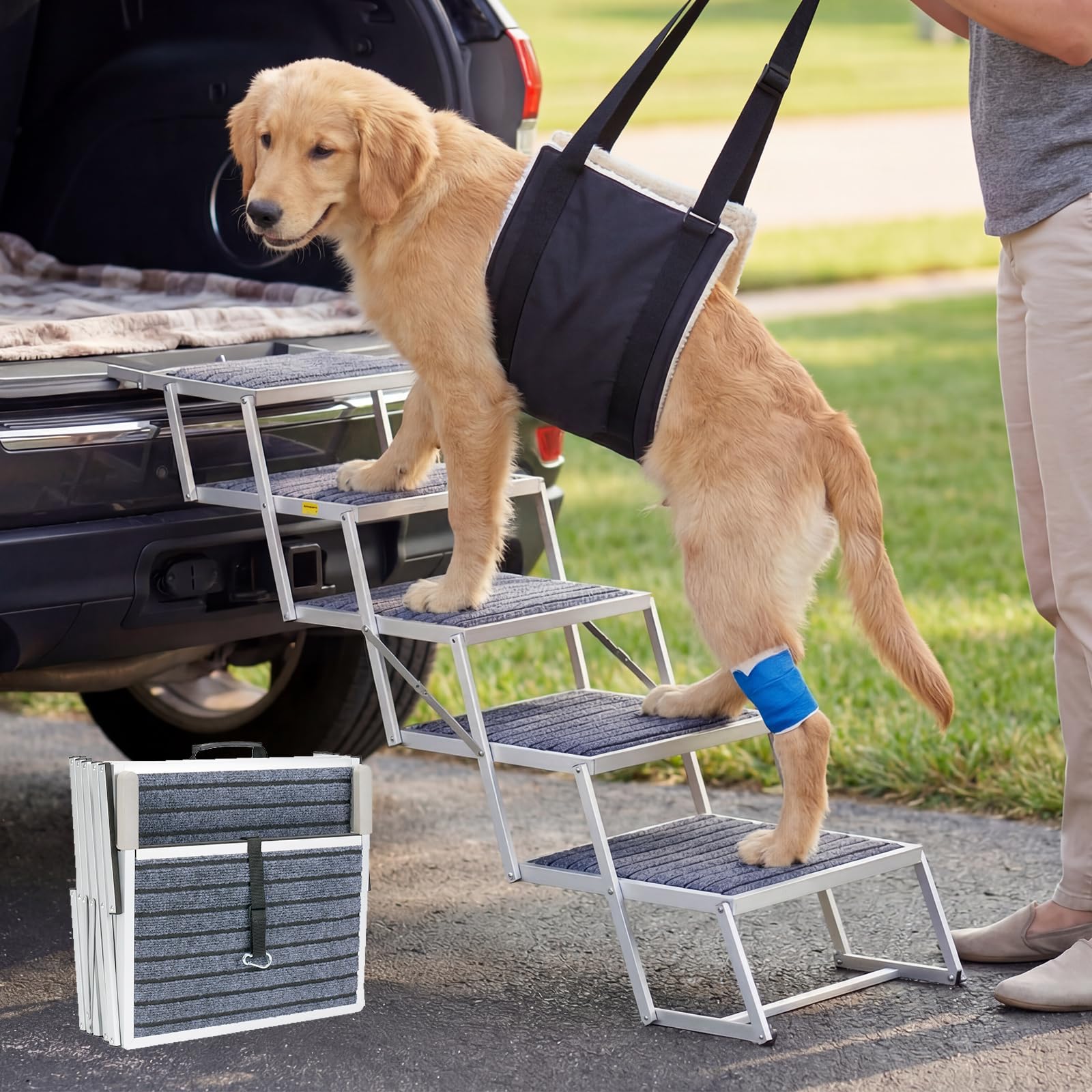 Veehoo Extra Wide Dog Steps for Car SUV Truck Foldable, 5 Steps Portable Aluminum Dog Stairs for Injured Senior Large Dogs 20" Wide, Heavy Duty Pet Ramp Ladder with Non Slip Surface, up to 170lbs