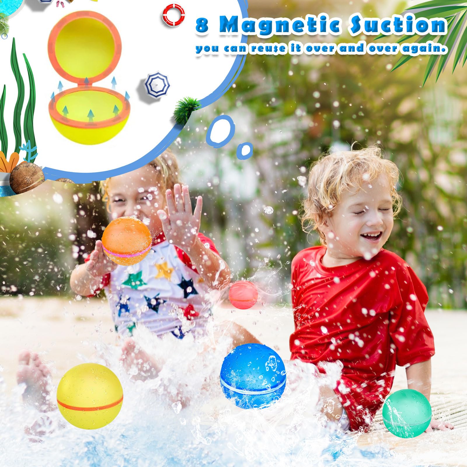 Funnity Magnetische Wasserbomben Wiederverwendbar, 10er Set | 1-Sek.-Selbstverschluss, mehr Spielzeit statt Aufräumen, ohne Plastikmüll, für Garten, Pool & Strand