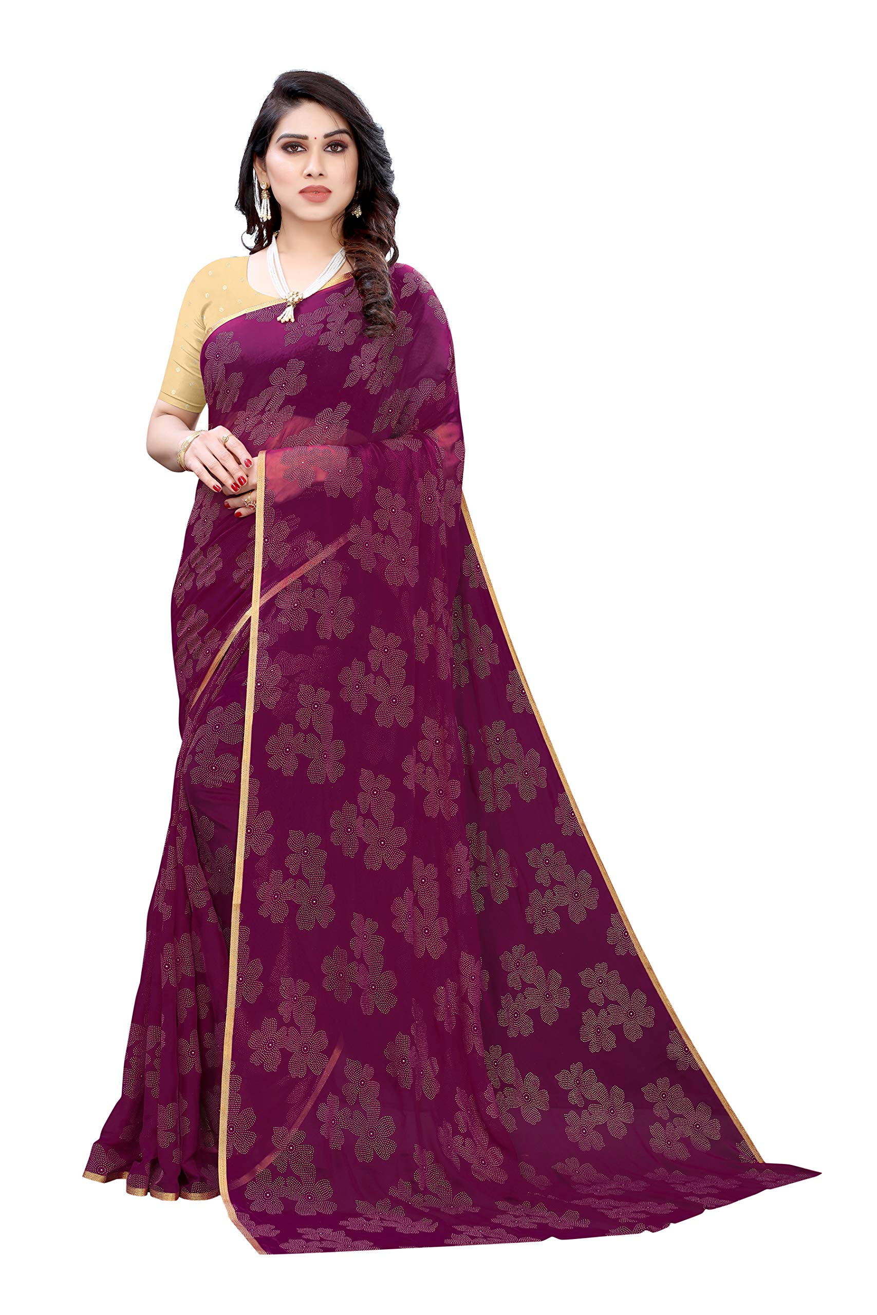 FABMORAWomen's Jacquard Pure Chiffon Saree With Blouse Piece (Chiffon-Flower-Wine_Purple, Wine)