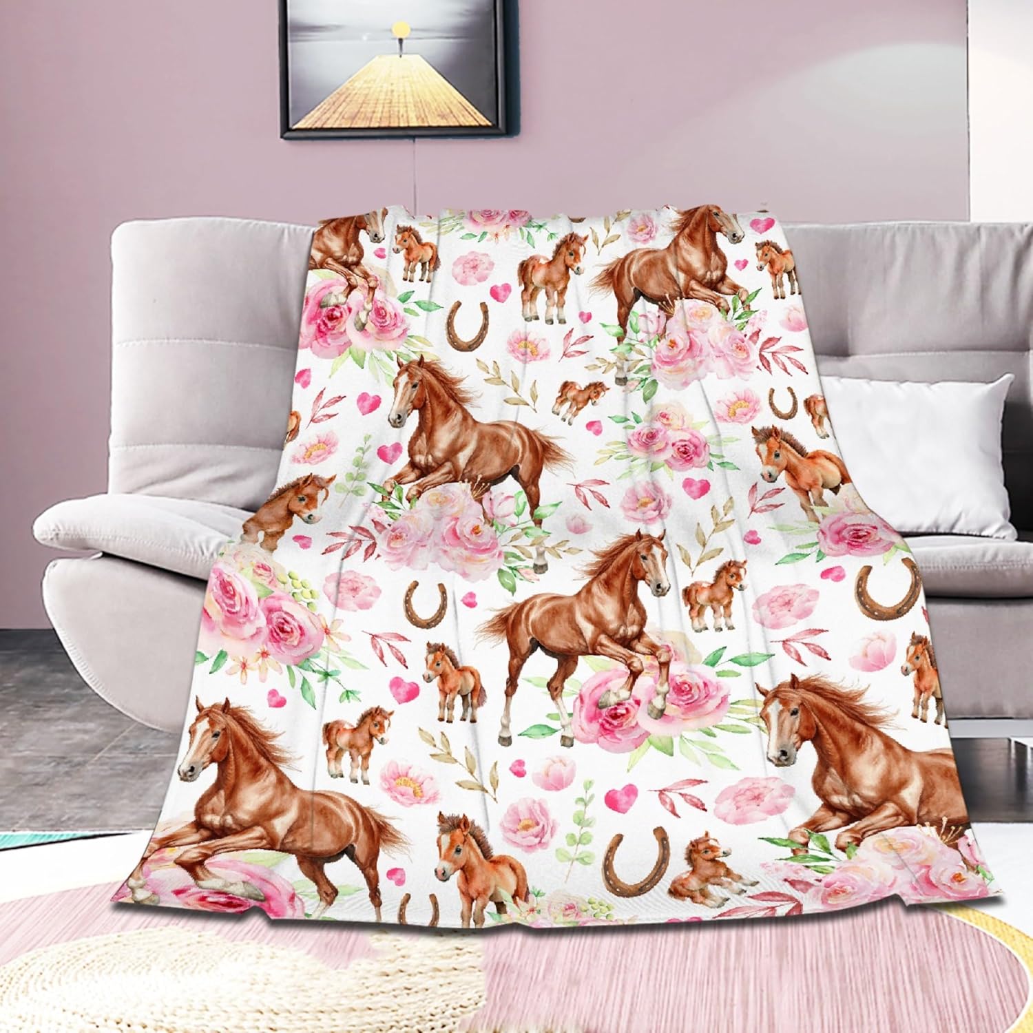 Horses Floral Blanket Gifts for Boys Girls, Ultra Soft Horse Throw Blanket, Lightweight Horse Stuff Warm Plush Throw for Couch Travel 40"x50" for Kids