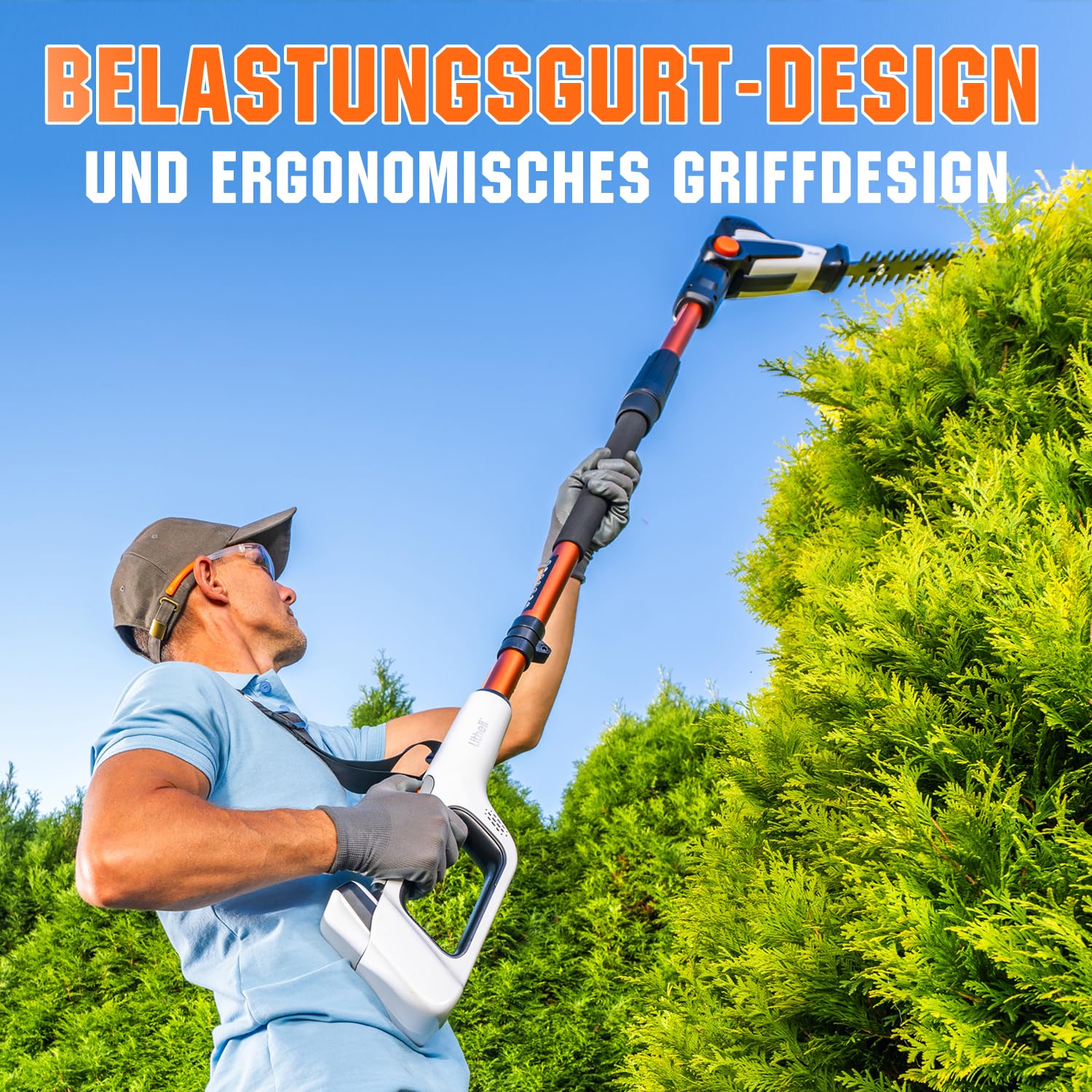 Litheli Stabheckenschere & Hochentaster mit zwei 2.0Ah Akkus, 47 cm Akku Teleskop Heckenschere, abwinkelbarer Kopf und Teleskopstiel zum Schneiden von Ästen, Trimmen.