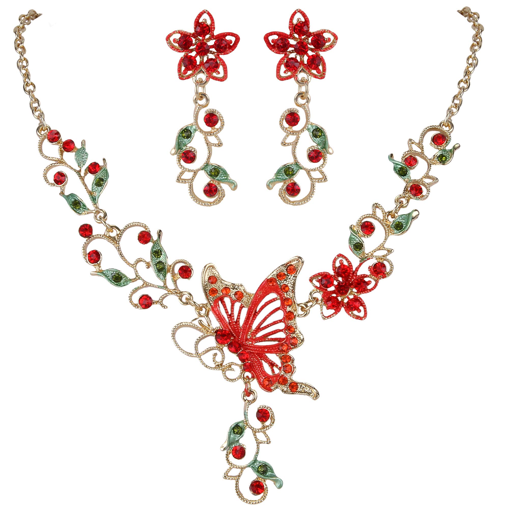 EleQueen Women's Austrian Crystal Butterfly Flower Leaf Necklace Earrings Set