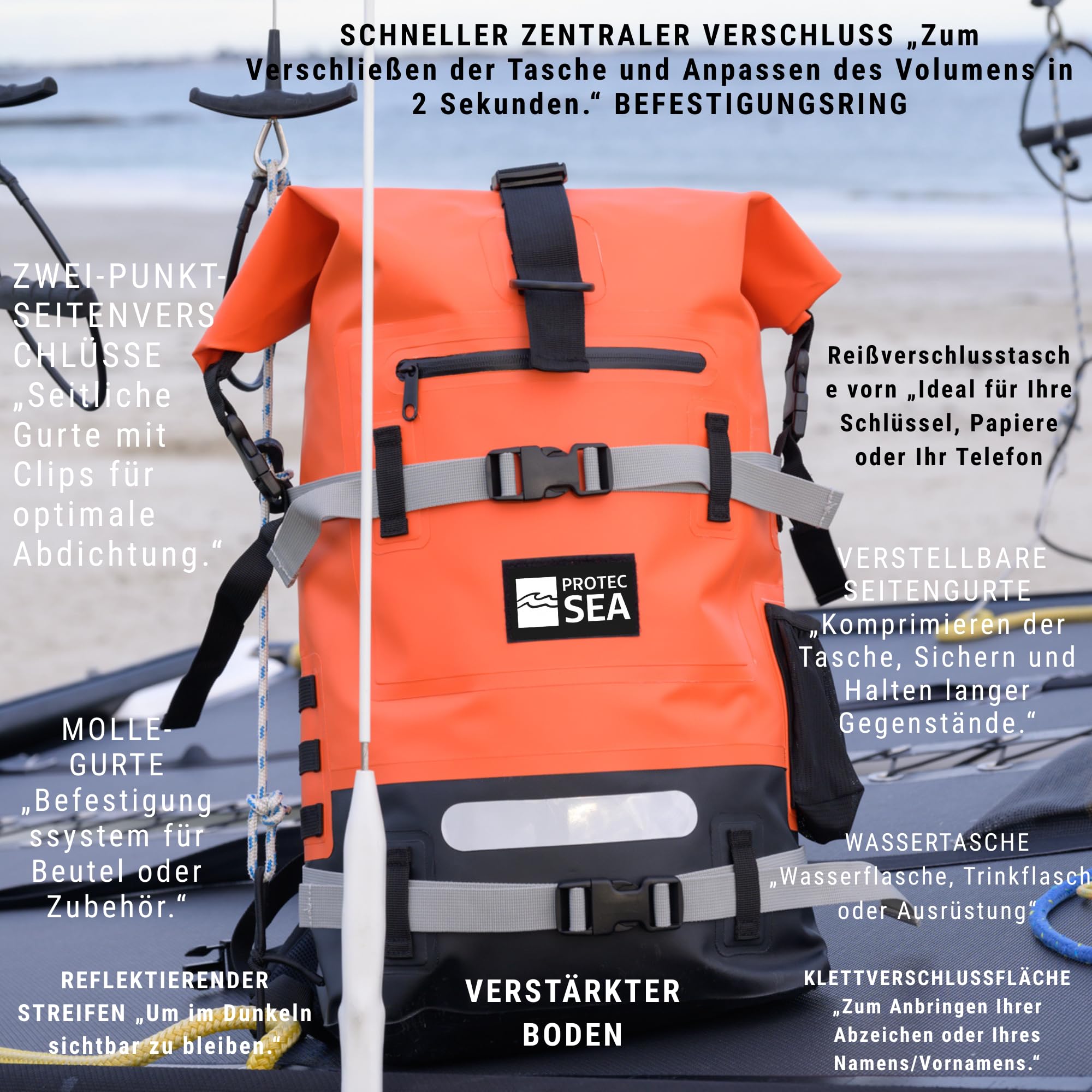 Rucksack, wasserdicht, Orange, 30 l, wasserdicht IPX6, für Wassersport, Kajak, Paddle, Boot, viele Befestigungen, Vordertasche, Wassertasche, bequemer Transport