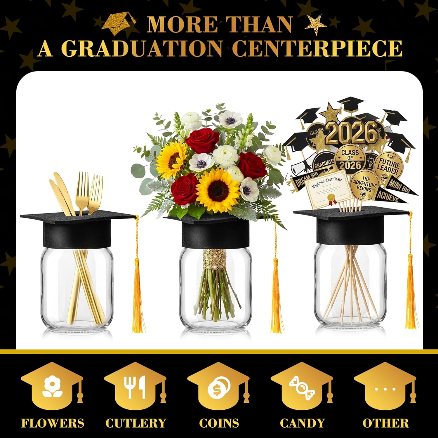 6 Sets 2026 Graduation Centerpieces for Tables, Mason Jar Centerpieces with Graduation Cap with Hole for Flowers, Class of 2026 Table Decorations, Congrats Party Supplies for College High School