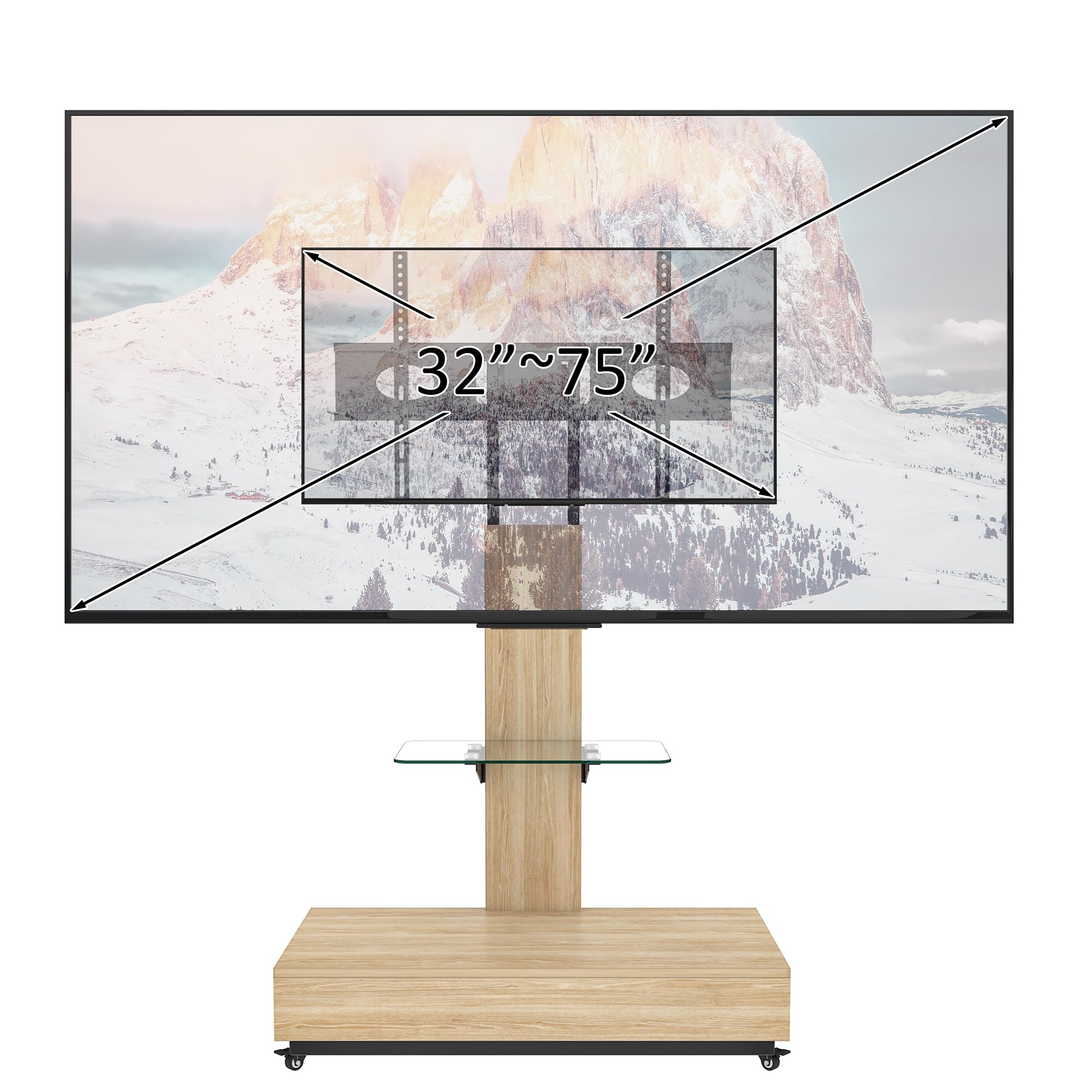 Verstellbarer TV-Ständer mit Rollen, Schiebeschublade und Schwenkhalterung für 32-75 Zoll Fernseher – Höhenverstellbar, Lenkrollen mit Feststellfunktion Holzfarbe/Schubladen