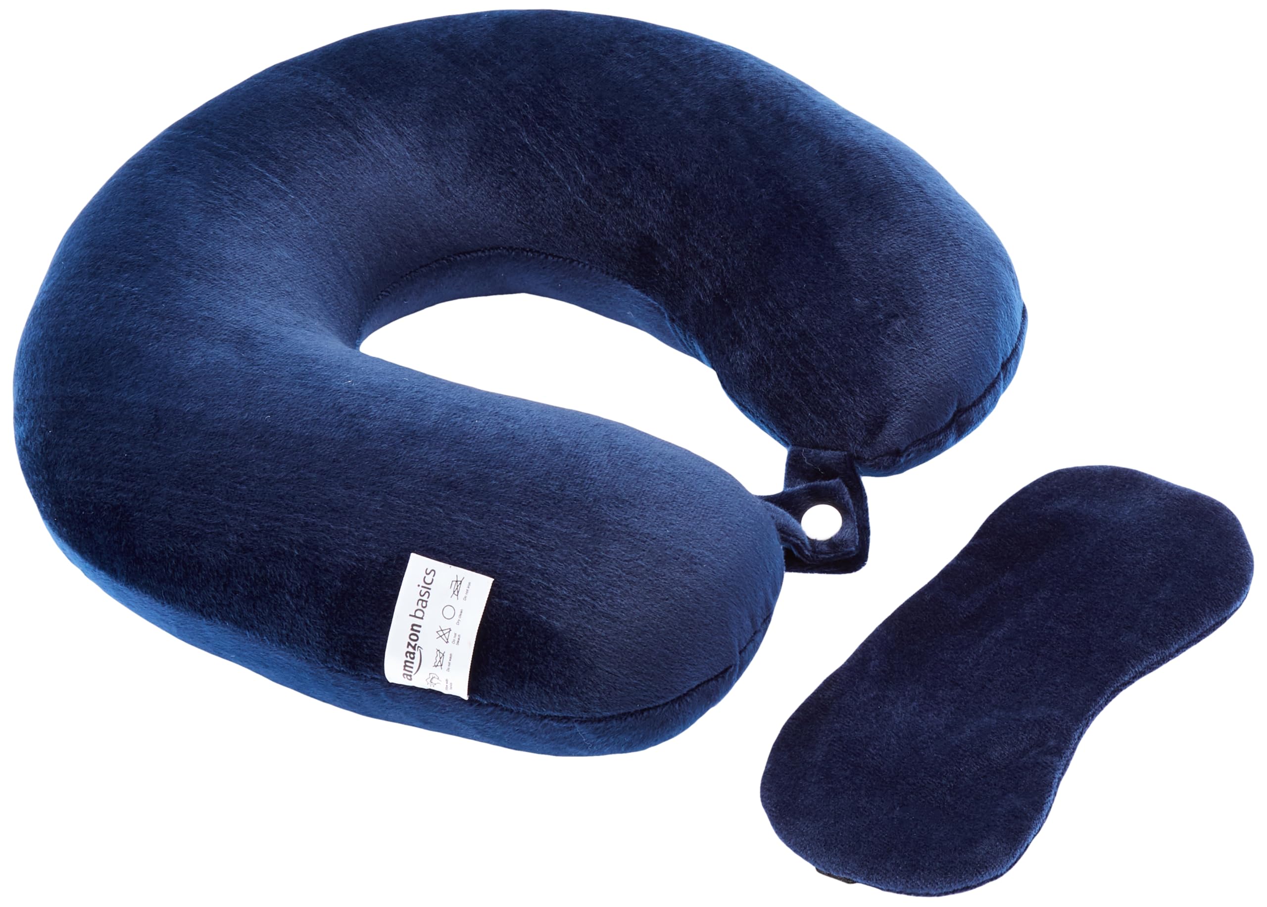 Amazon Basics Travel Neck Pillow + Sleeping Eye Mask Combo I Head Rest Travel Pillow with Comfortable Sleeping Eyemask I Soft Velvet| Navy Blue