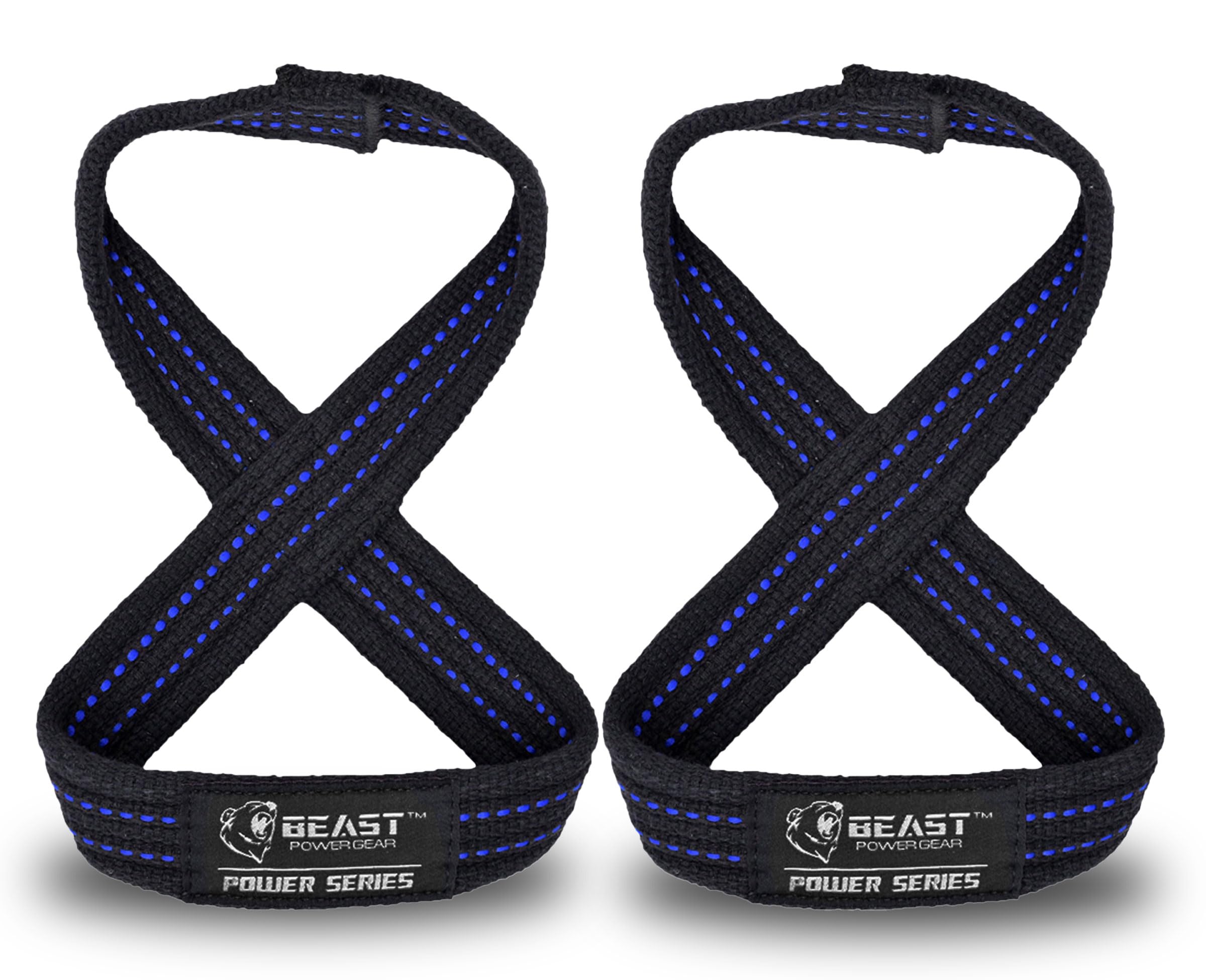 Beastpowergear Figure 8 Strap | Heavy Duty Deadlift Weight Lifting Power Wrist Strap | Weightlifting Powerlifting Shrugs Workout Men Women (Black/Blue, Medium 12” (Up to 8.5 Wrist Circumference))