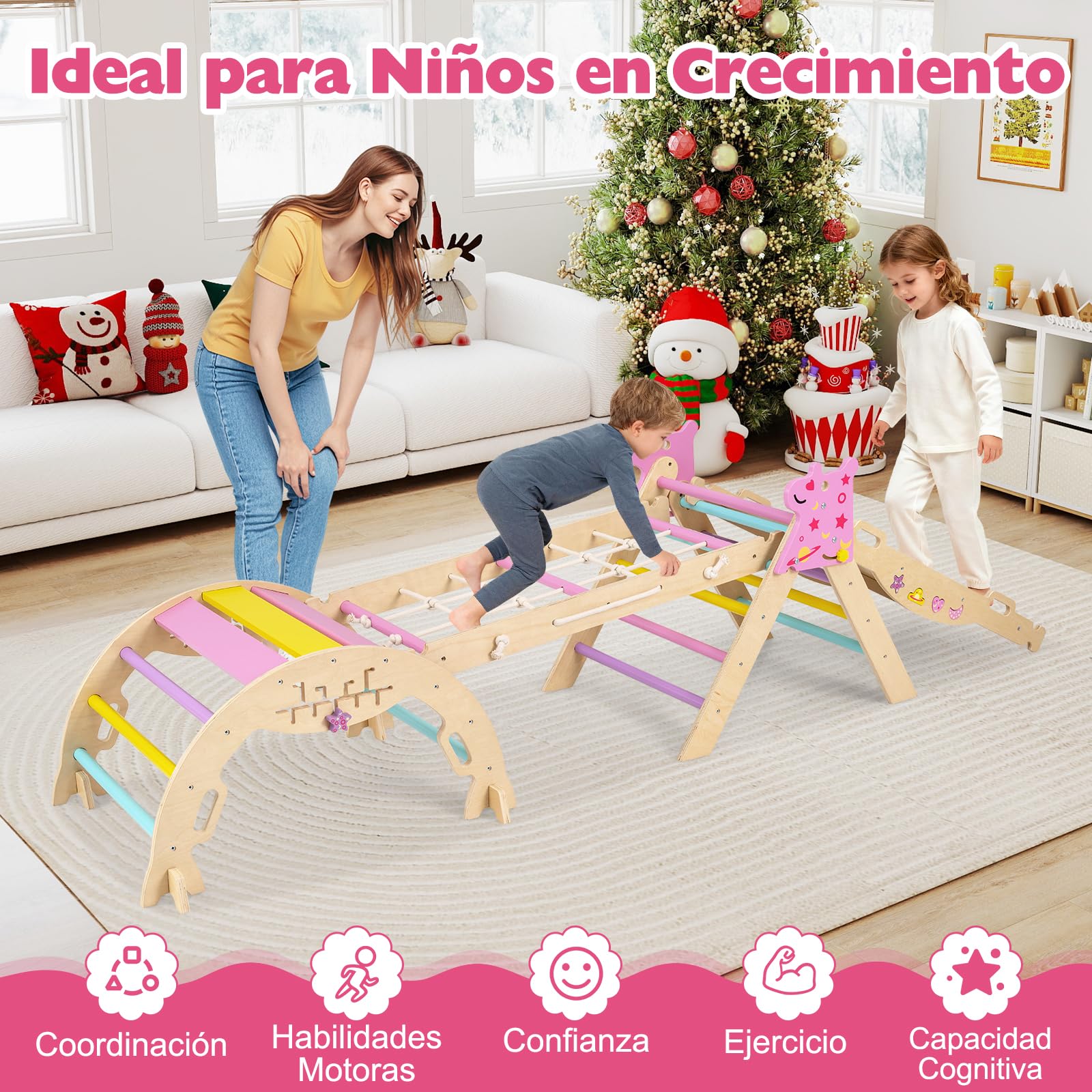 GOPLUS Triángulo de Escalada 9 en 1, Montessori Escalador Infantil Plegable con Tobogán, Estructura de Escalada con Arco, Rampa, Slide Aprendizaje para Niños de 1+ Año, Carga 50KG (Macaron,Unicornio)