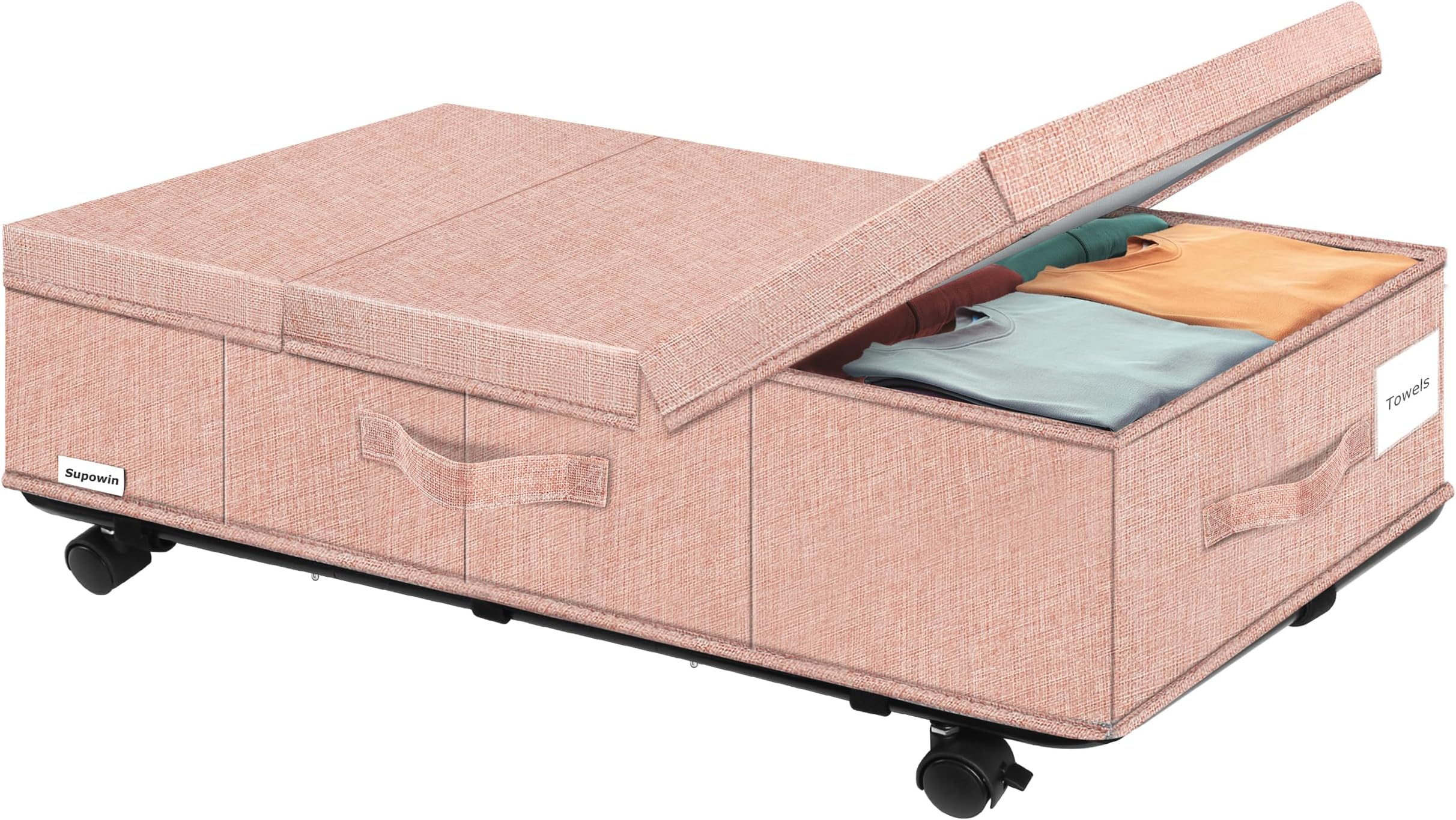 SupowinUnder Bed Storage with Wheels, Rolling Underbed Storage Containers with Lids, Under Bed Shoe Storage Bins Organizer with Reinforced Metal Bottom Support and Three Handles, 1 Pack Pink