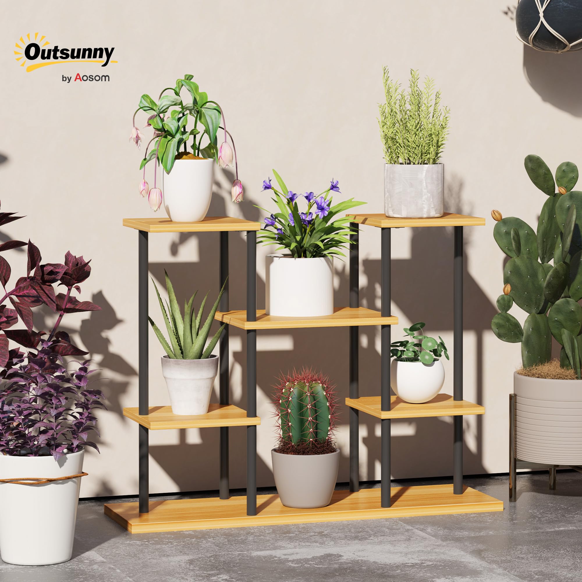 Outsunny Support plantes intérieur, étagère plante à 6 niveaux, cadre en acier base en bois massif, porte plante pour salon, balcon, jardin, bois naturel