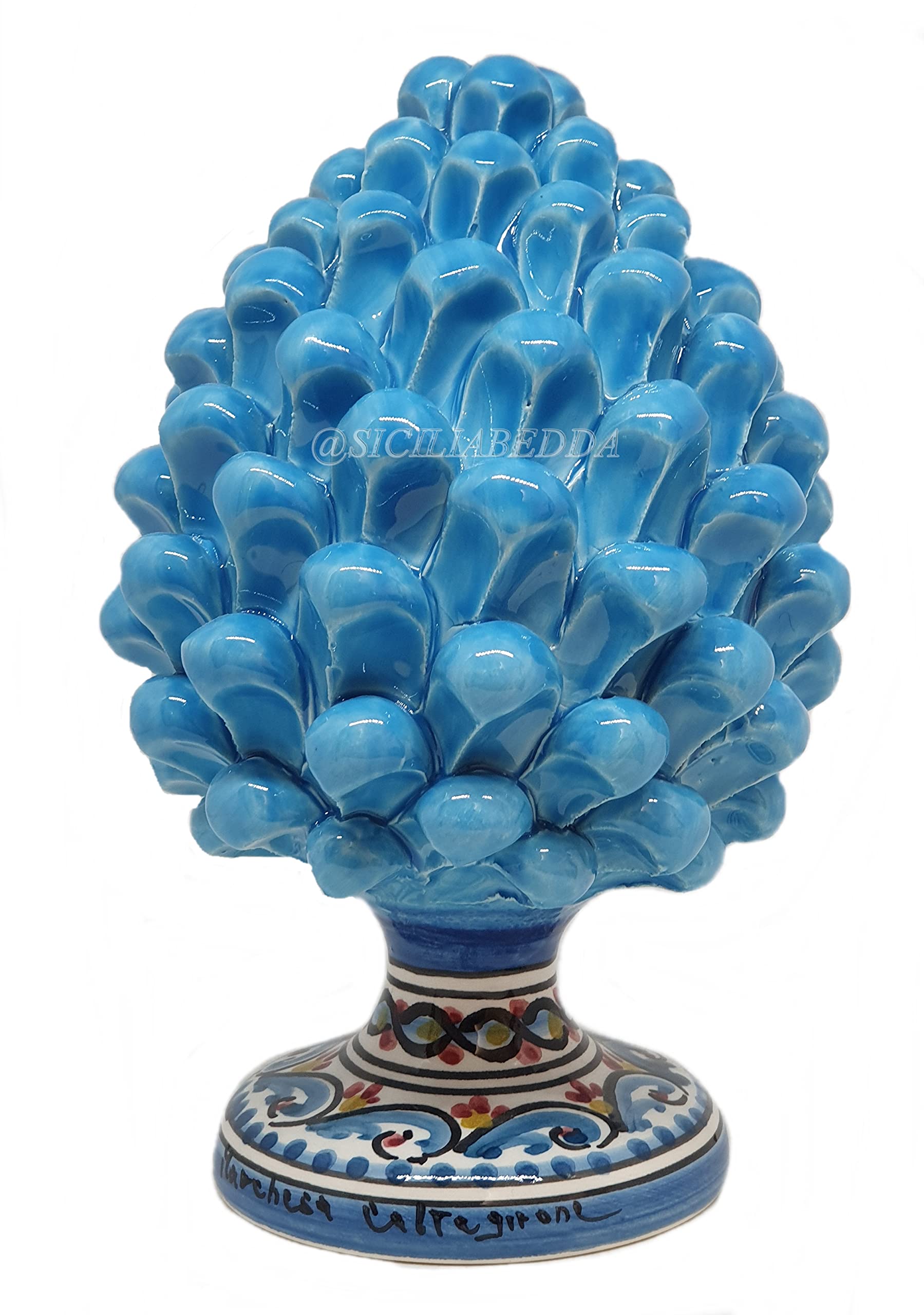 Céramique de Caltagirone pomme de pin sicilienne bleu ciel 22x13 cm modèle mayolique