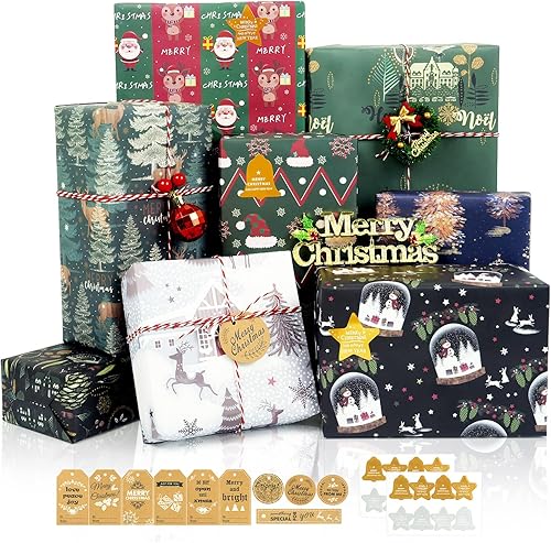 MAMUNU Hojas de papel de regalo de Navidad, papel de estraza vintage azul marino y verde para mujeres y hombres, juego de papel de regalo con