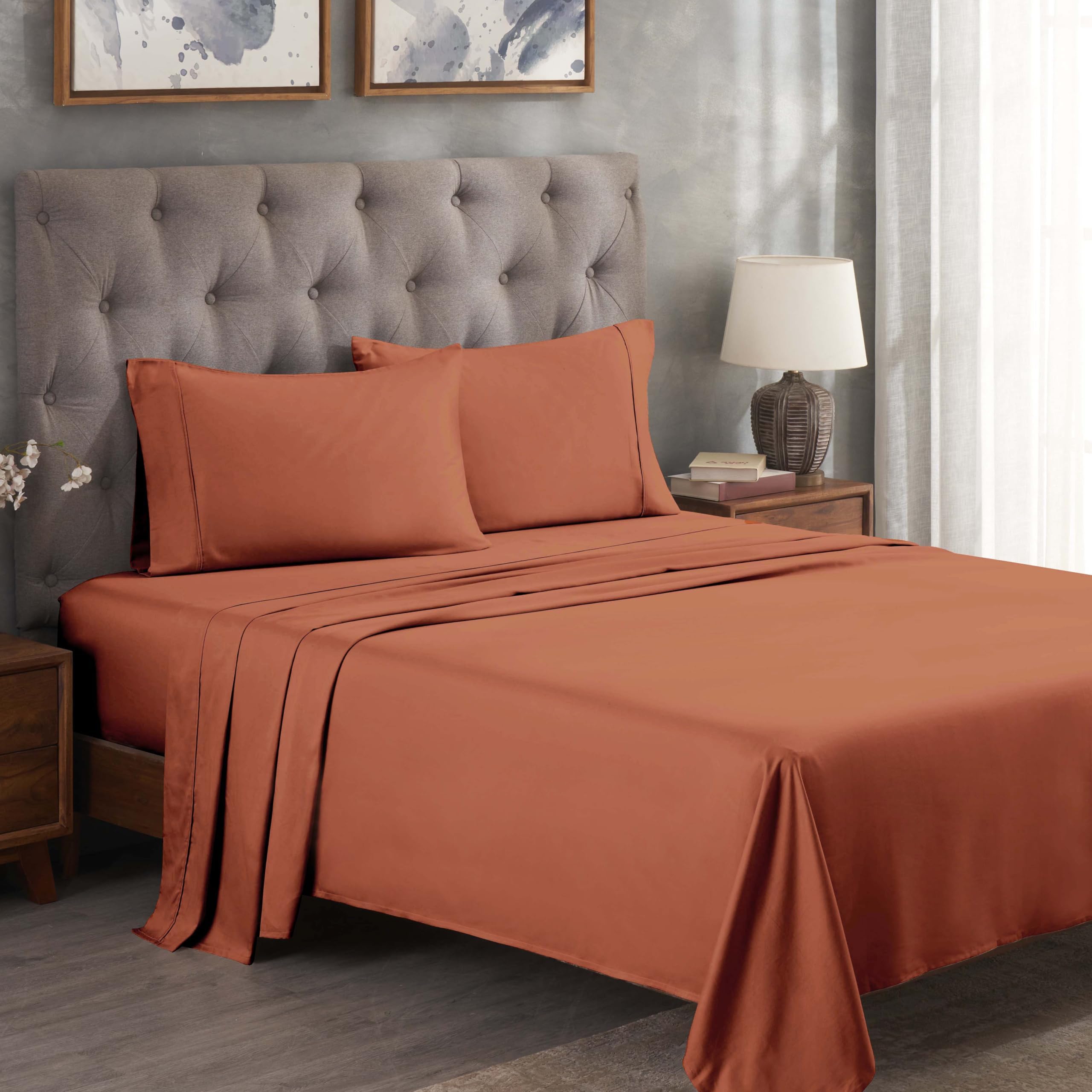 Superior 300 Thread Count Egyptian Cotton Sheet Set, Solid Bedroom Sheets, Bedding, Essentials, Home Basics, 1 Elastic Deep Pocket Fitted Bed Sheet, 1 Flat Sheet, 2 Pillowcases, Full, Orange