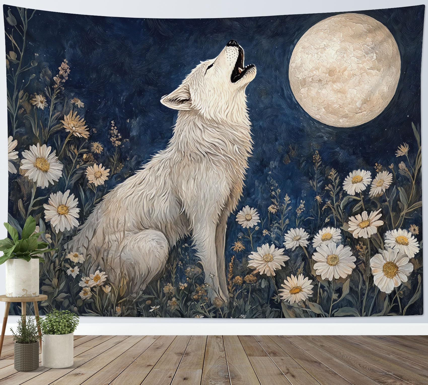 LB Wolf Tapestry Wall Hanging Rustic White Flower Aesthetic Moon Night Wall Decor for Living Room Bedroom Home Office,92x70 inch