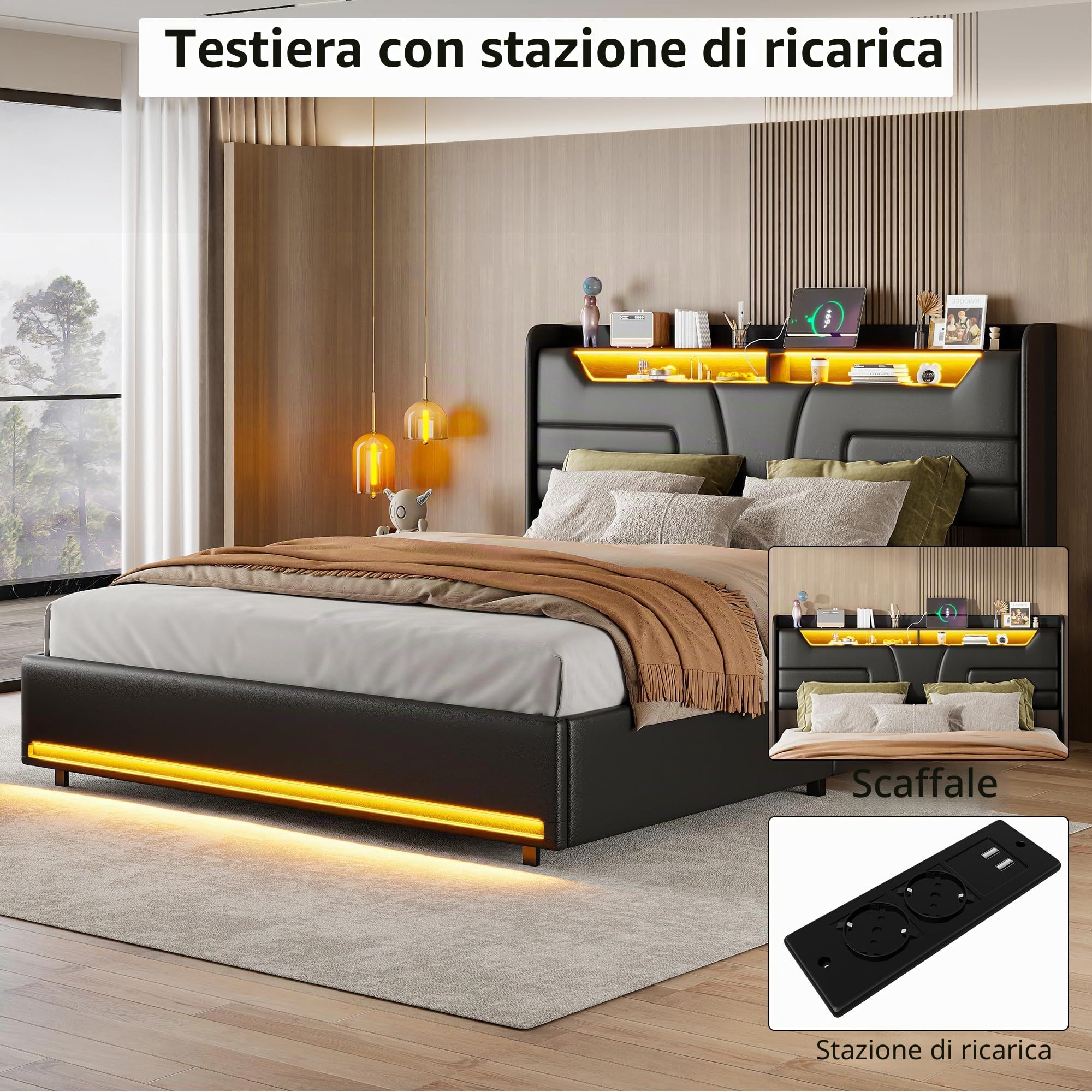 Letto Matrimoniale 160x200 cm Imbottito con Contenitore, Sistema di Sollevamento a Gas, Tessuto in PU Nero, LED, Ricarica USB, Senza Materasso (Nero-C, 160x200cm)