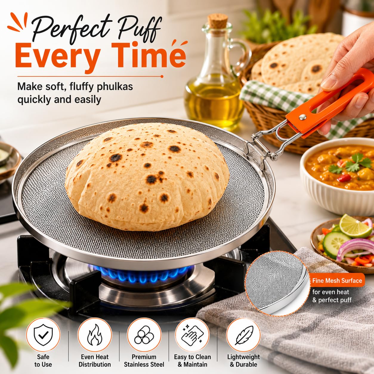 TAZLYN pulka grill for gas stove grill phulka grill tawa jali for kitchen cooking steel papad jali for gas stove mesh brinjal roaster for gas griller roti grill basket pulka pan roaster PACK OF 1 1