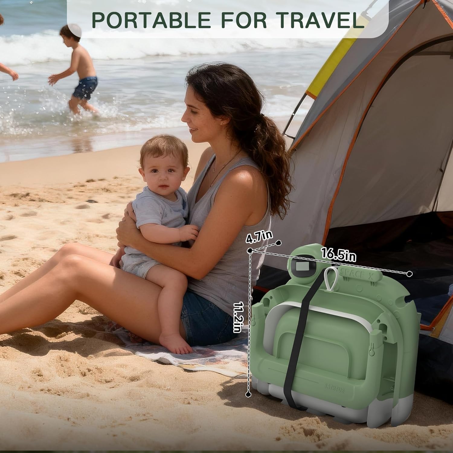 Collapsible Baby Bathtub for Newborn to Toddler (0-24 Months), Portable Baby Bath Tub for Travel, Newborn Bathtub with Soft and Supportive Cushion (Astronaut-Green)