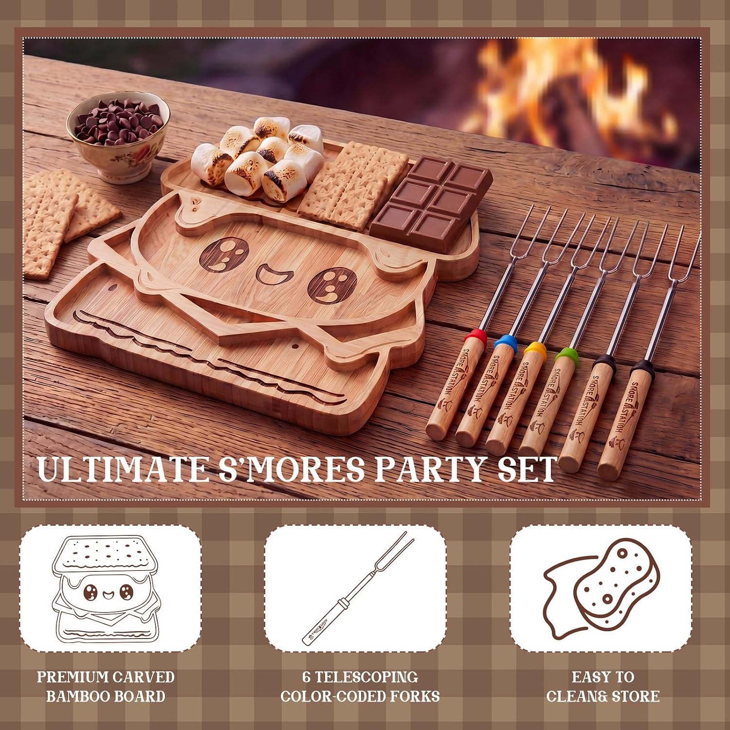 FoldTier Bamboo S'mores Serving Platter 14.17x9.45 Inch with 6 Pcs 32" Extendable Smores Sticks, Cute Smores Kit for Fire Pit Outdoor, Charcuterie Board for Cheese, Cookies, Fruits & Holiday Party