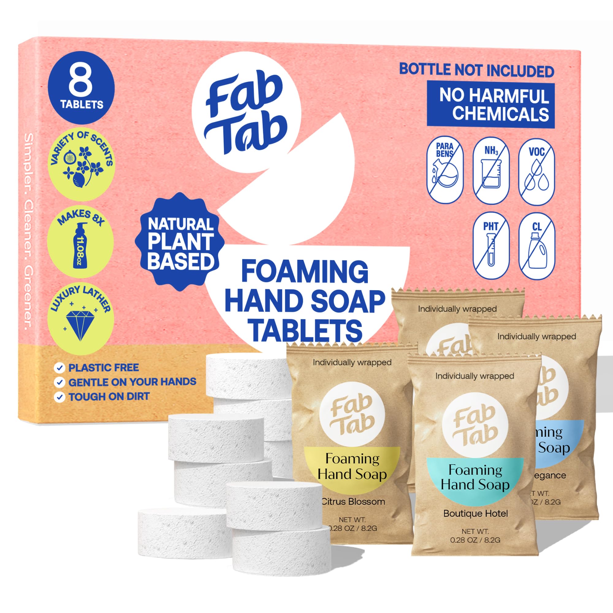 Fab TabFoaming Hand Soap Refill - Natural Hand Soap - Bathroom Hand Wash - Plant-Based - No Harsh Chemicals - Variety scents - 8 Pack. Makes 8 x 11.9 fl oz (Bottle Not Included)