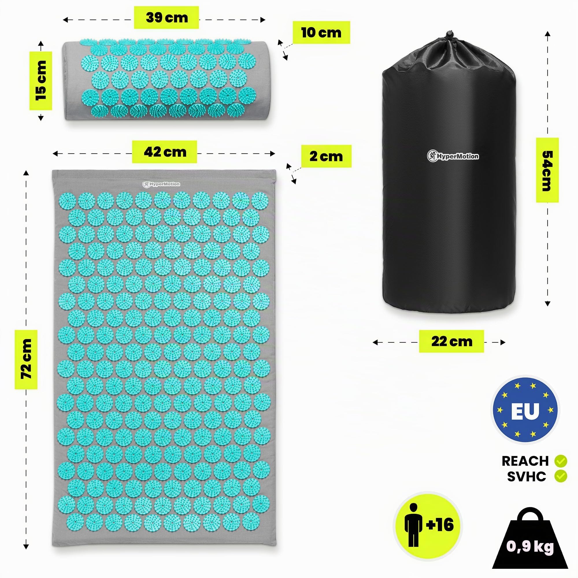 HyperMotion Akupressurmatte mit Kissen Eco - Akupunktur Matte - Massagematte Ganzkörpermassage, Akupressurmatte Set für Entspannung, Kokosfaser und Buchweizen, Grau-Mint, 72 x 42 x 2 cm
