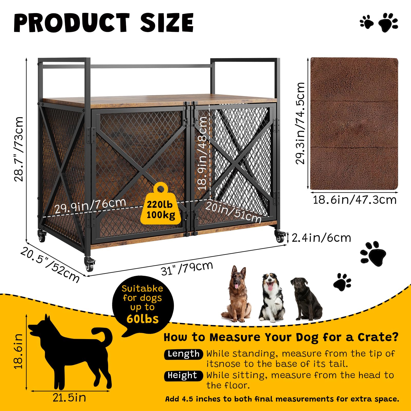 Garvee Gabbia per Cani in Legno Robusta con Tavolino - Doppie Porte, Ruote Bloccabili, Cuscino - Stile Vintage per Interni, per Cani Grandi, Medi e Piccoli - 79x52x73cm