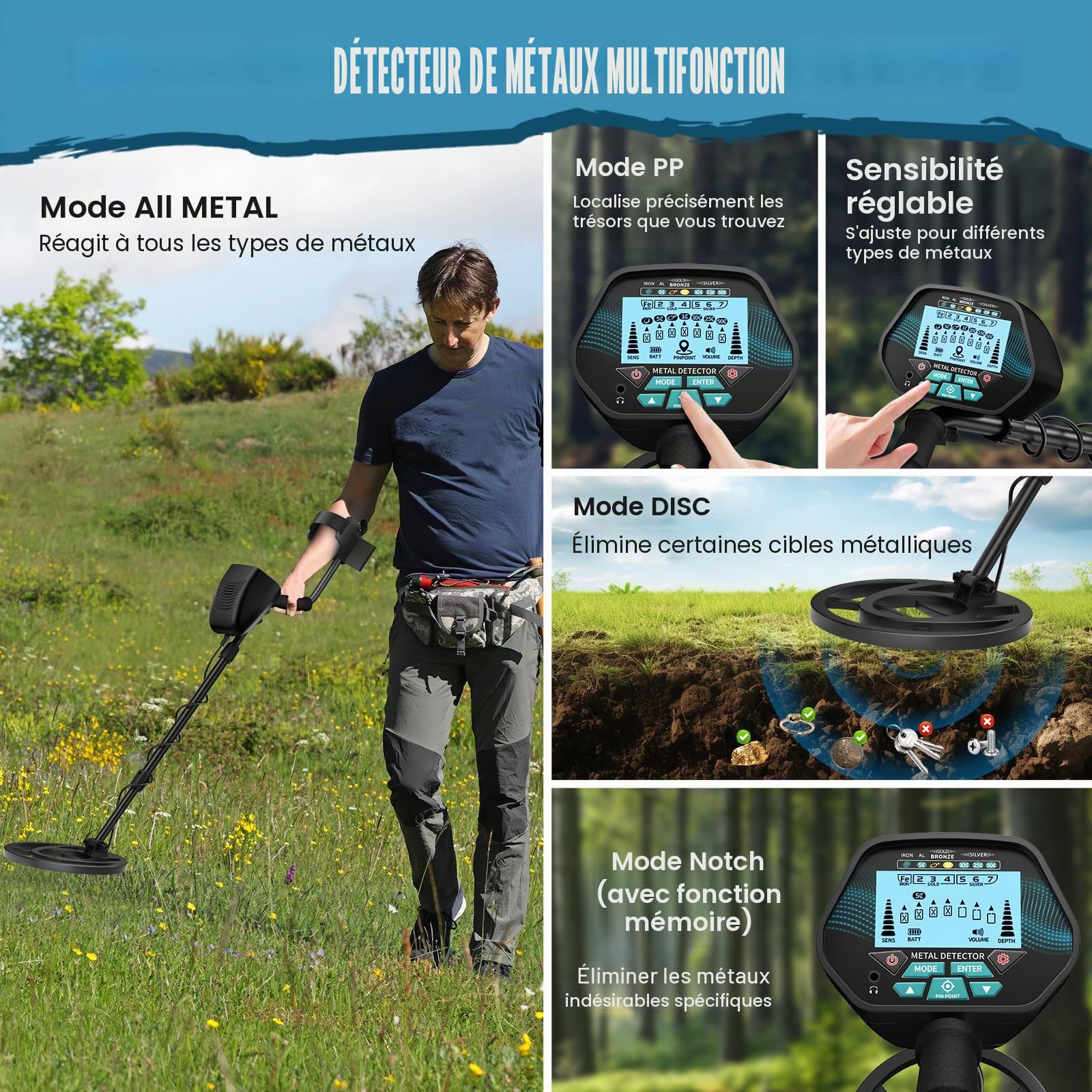 Détecteur de métaux professionnel avec 2 batteries rechargeables,3 modes Détecteurs de métaux pour adultes et enfants,longueur réglable (113-141 cm),détecteur de métaux rechargeable avec bobine (Bleu)