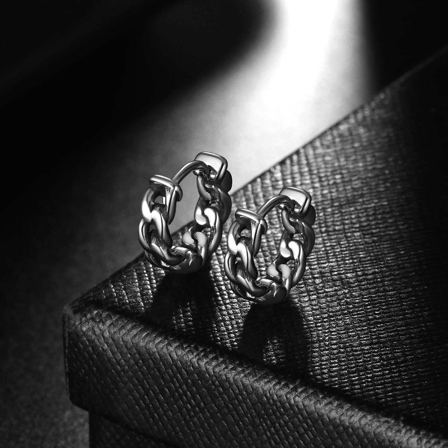 Punk Huggie Hoop Earrings, Stainless Steel Cuban Chain Link, Chunky Small Hoops for Women Men - Image 2