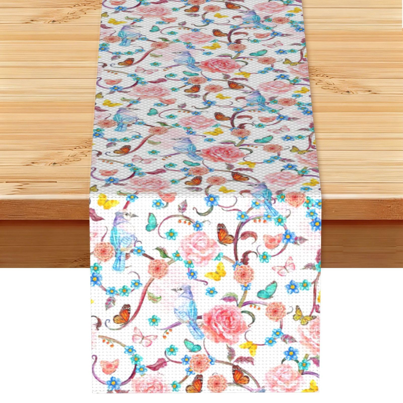 Romantic Fancy Floral Birds Butterfly Multi Purpose Table Runner for Home Decor, Printed Table Cloth for Kitchen Table, Countertops & Dining Area