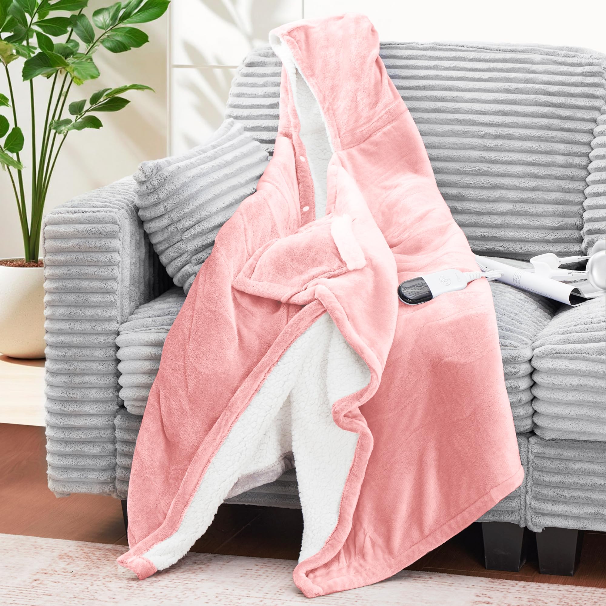 YILOTE Electric Blanket Wearable Throw - Robe with Sleeves and Foot Pockets - 7-Level Heating Auto-Off Blanket for Adults