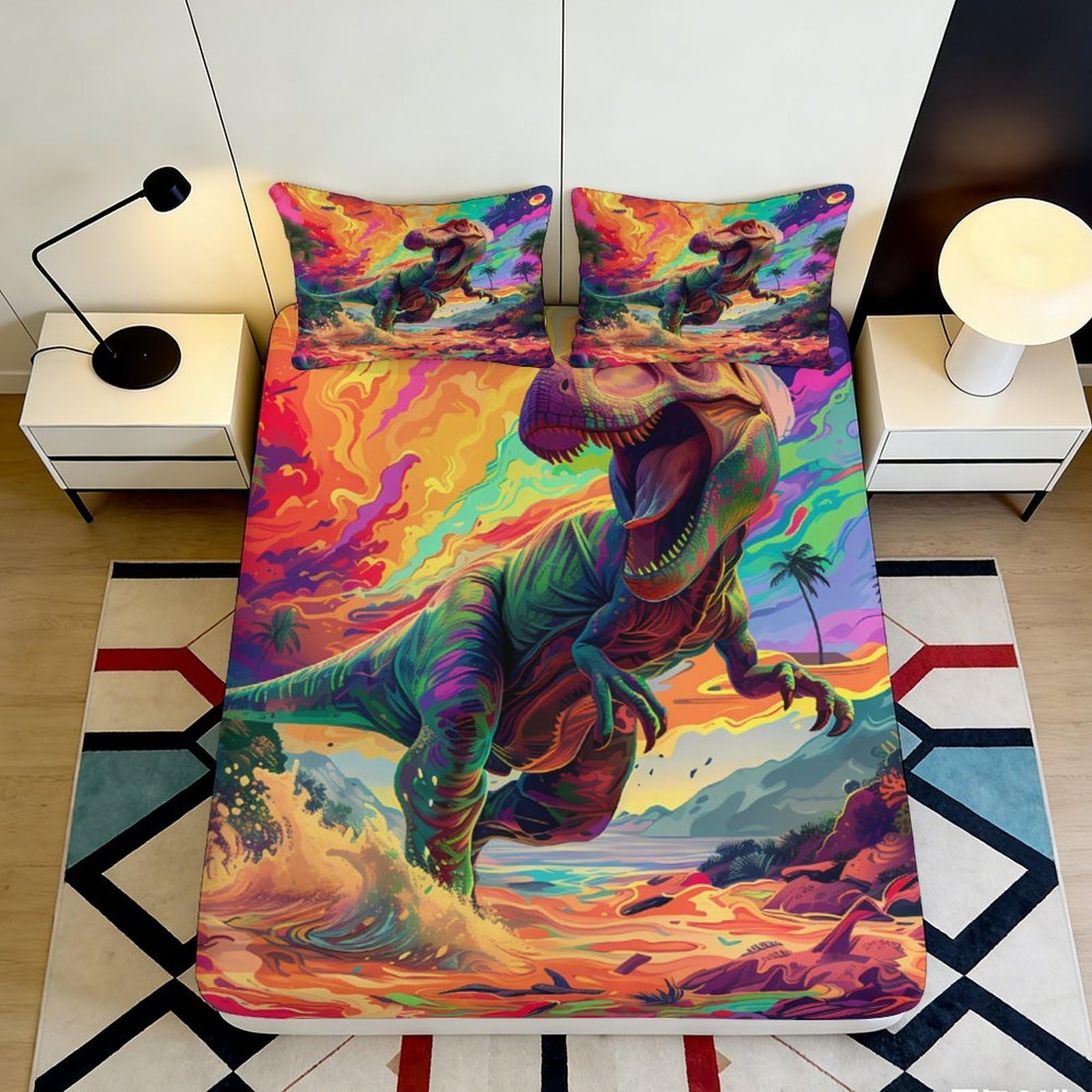 3D Printed Vibrant Dinosaur Fitted Sheet Microfiber Soft Breathable Jurassic Scene Bed Cover for Bedroom Dorm Decor 200x200x25cm