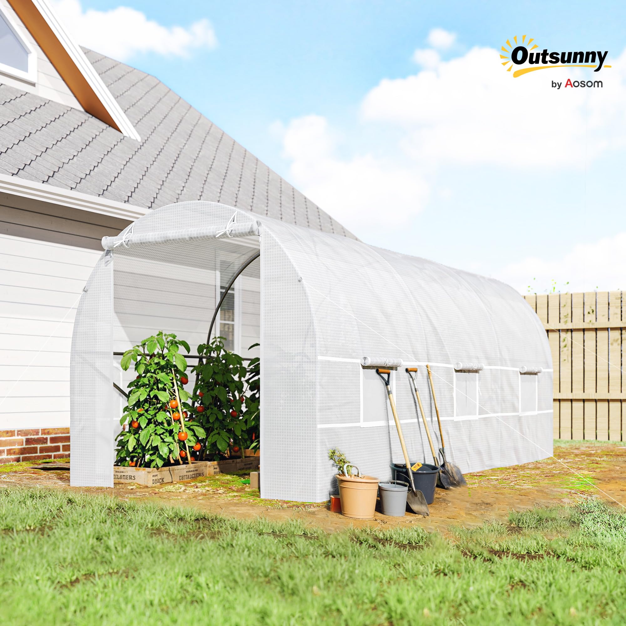 Outsunny Serre Tunnel de Jardin 9m², Serre de Jardin Tunnel 445x200x200cm avec Porte et 6 fenêtres, pour extérieur, Toutes Saisons, légumes, Fruits, Fleurs, bâche PE Haute densité 140 g/m² Blanc