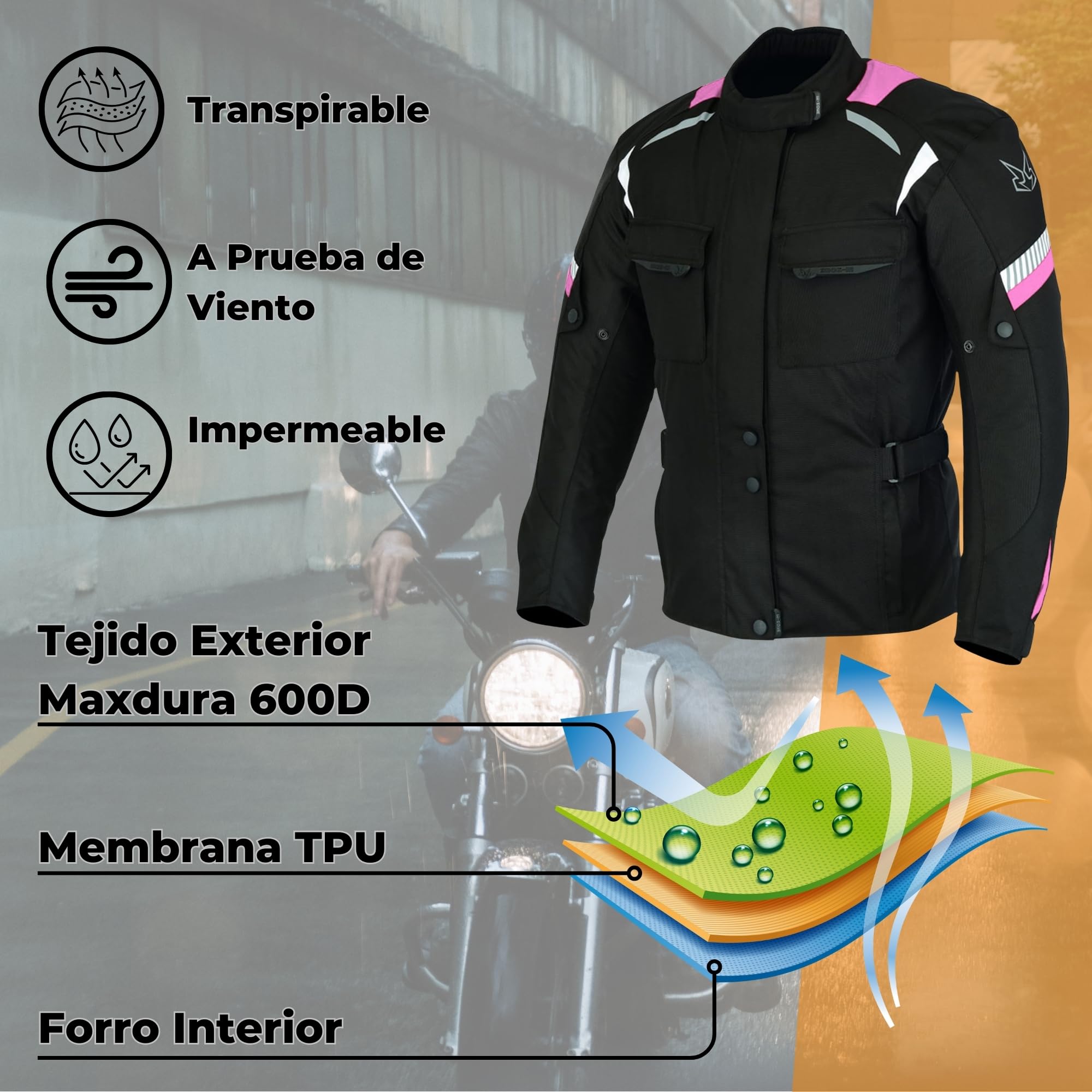 outletMOTARD Chaqueta Moto Mujer 4 Estaciones Impermeable con Protecciones CE incluídas y Forro Extraíble — view 3