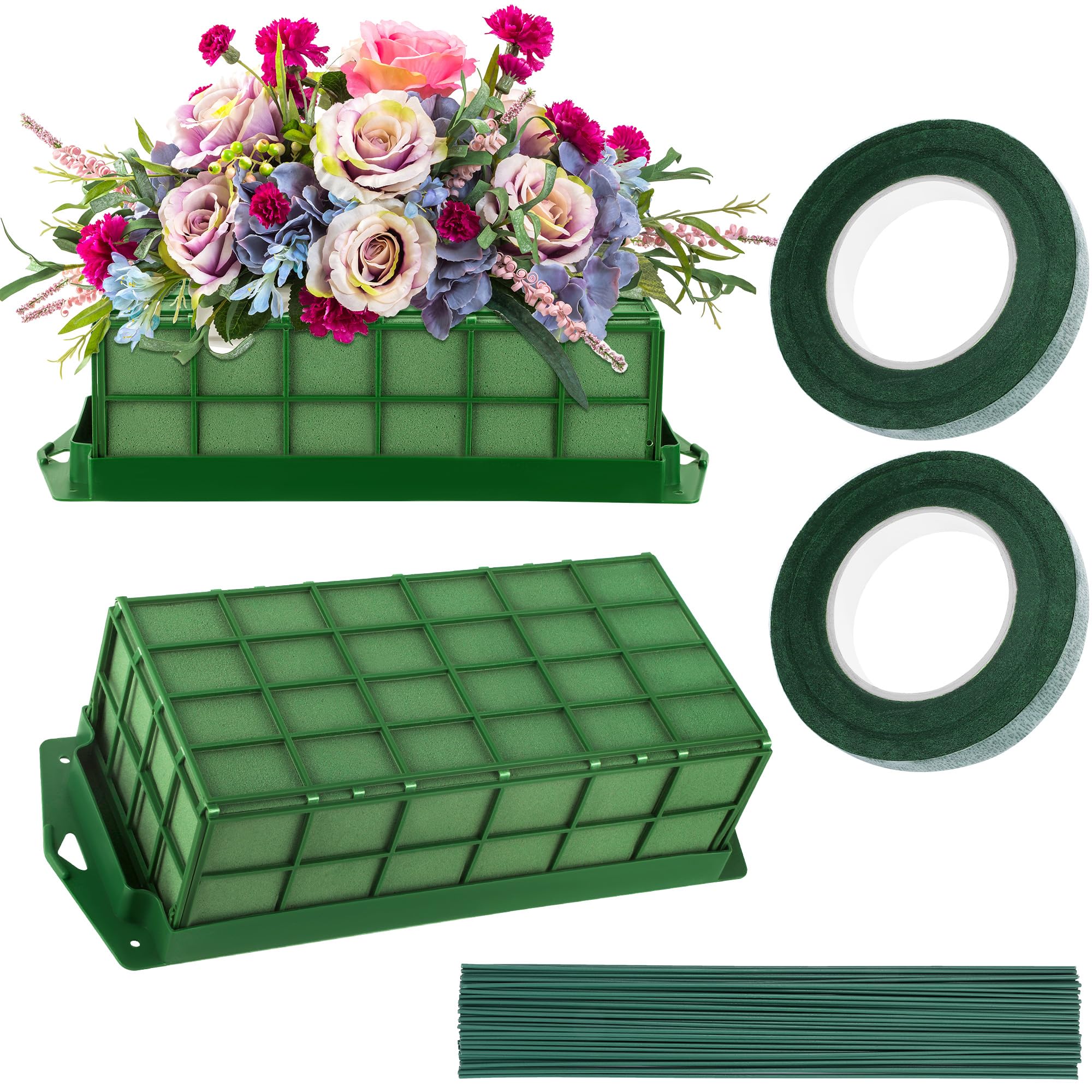 Aodaer 2 Pieces Floral Foam Cage with Floral Foam for Fresh and Artificial Flowers Rectangle Dry and Wet Flower Cage Bowl Holder for Wedding, Home and Garden Arrangement Decorations-image-1