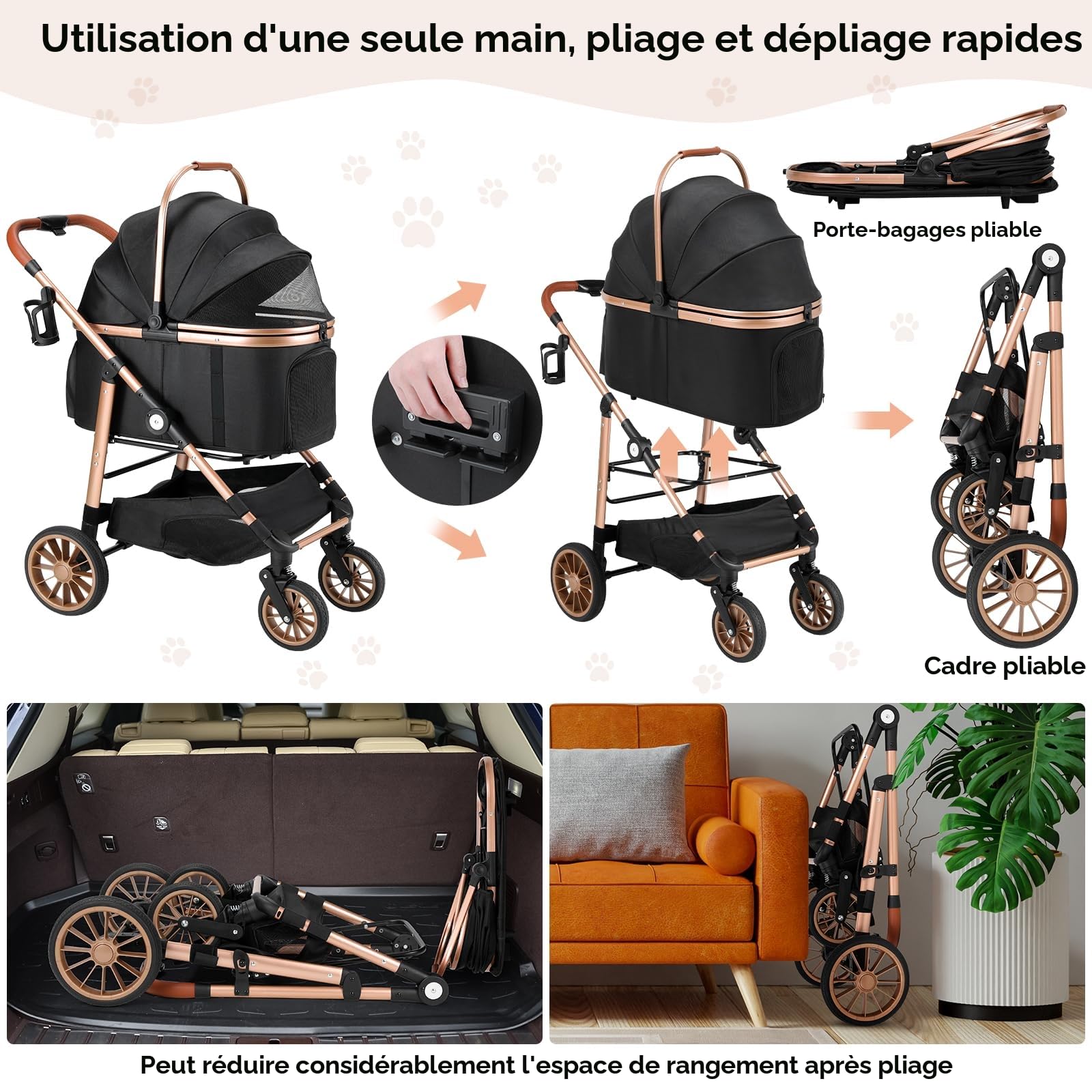 MAMIZO Poussette pour Chien 4 en 1, Pliable jusqu'à 25 kg, Sac de Transport Pliable, 4 PCS Roues Caoutchouc 360° avec Suspension Amortissante, Poussette Chien Tout Terrain (Noir)