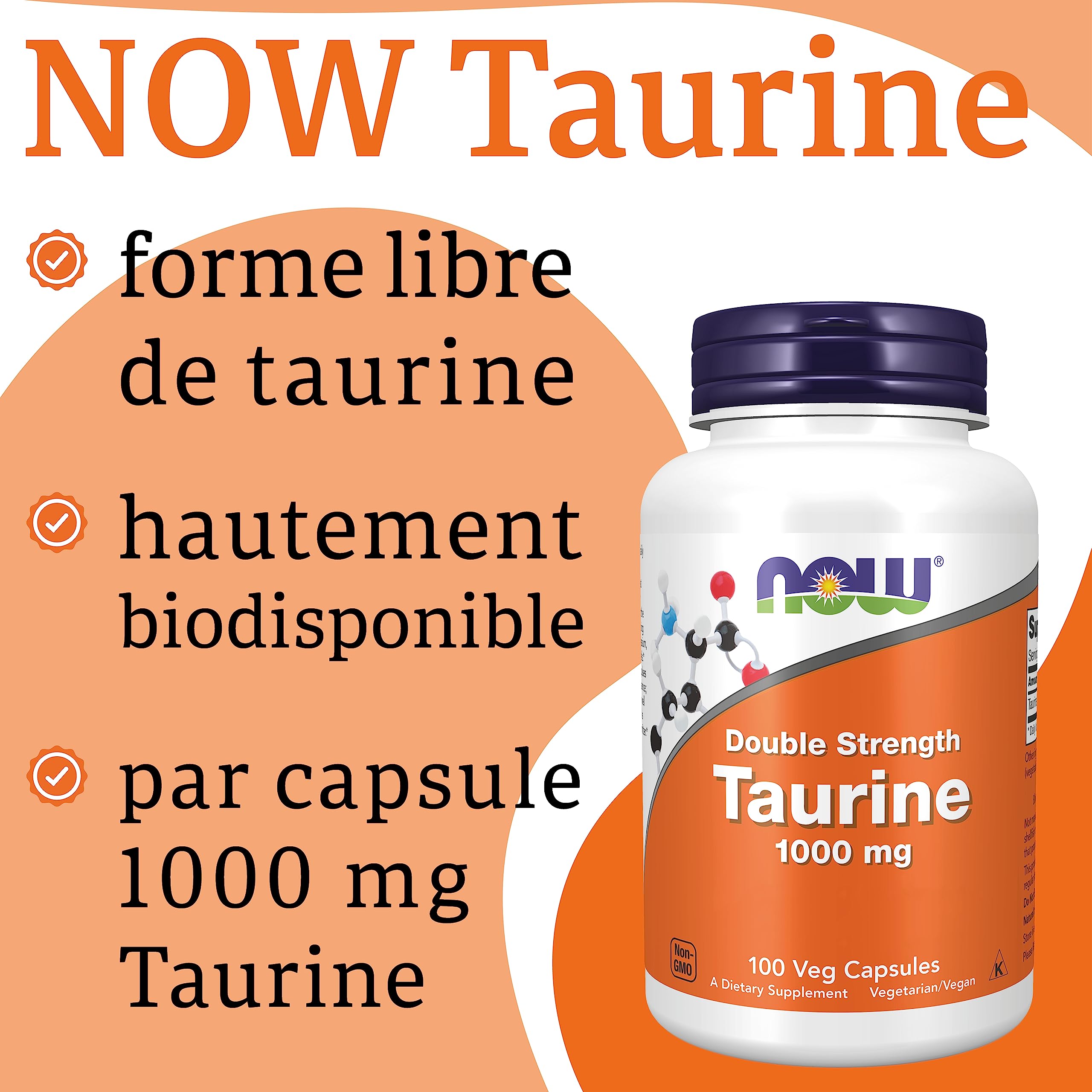 Now Foods, Taurine, Amidon Double, 1.000 mg, 100 Capsules végétaliennes, Testé en Laboratoire, Acide Aminé, Sans Gluten, Sans Soja, Végétarien