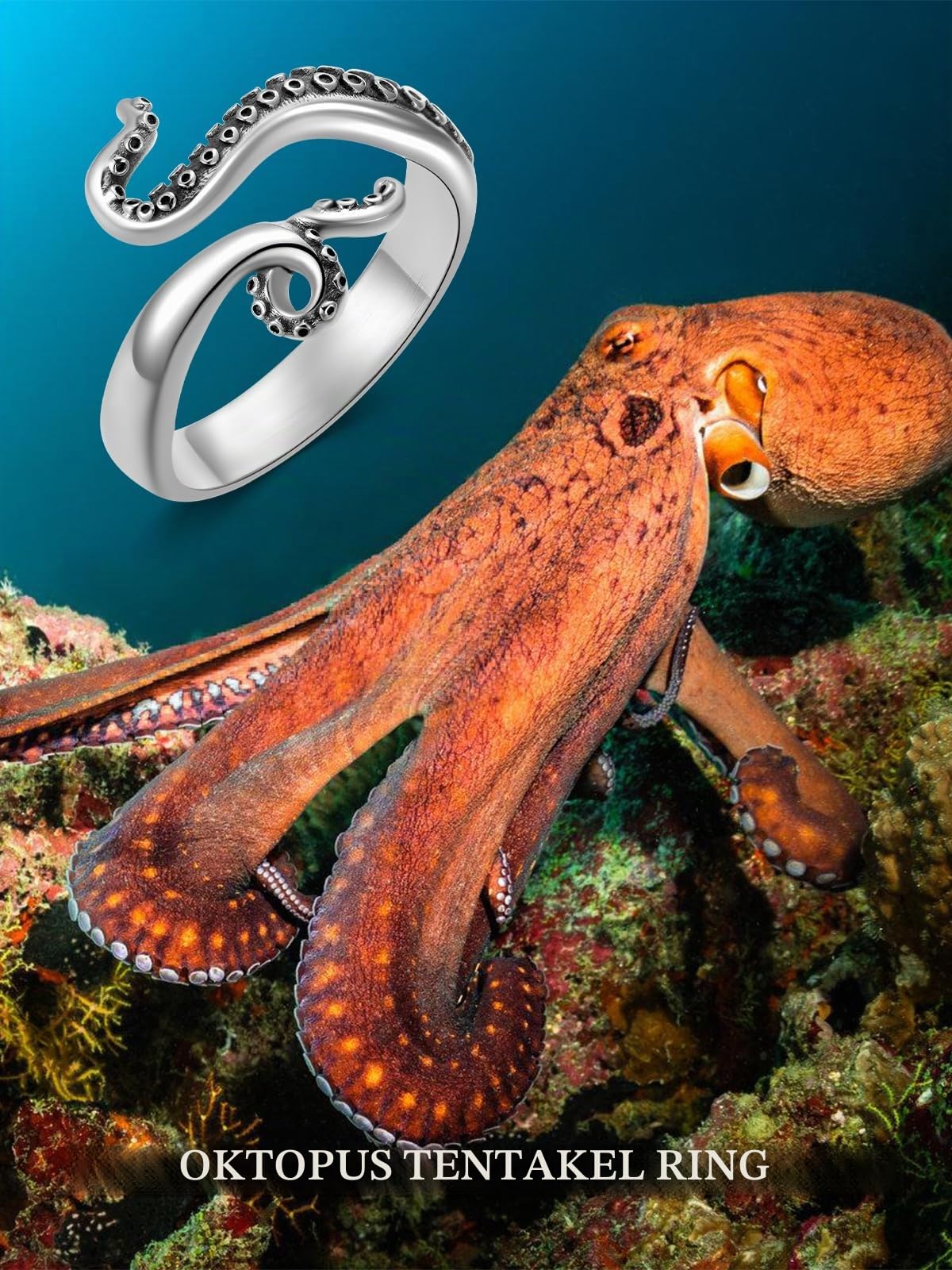 Killerwal offener Ring für sie Orca offener Ring 925 Sterling Silber Hai Ring Oktopus Tentakel Ring Ozean Tier offener Ring