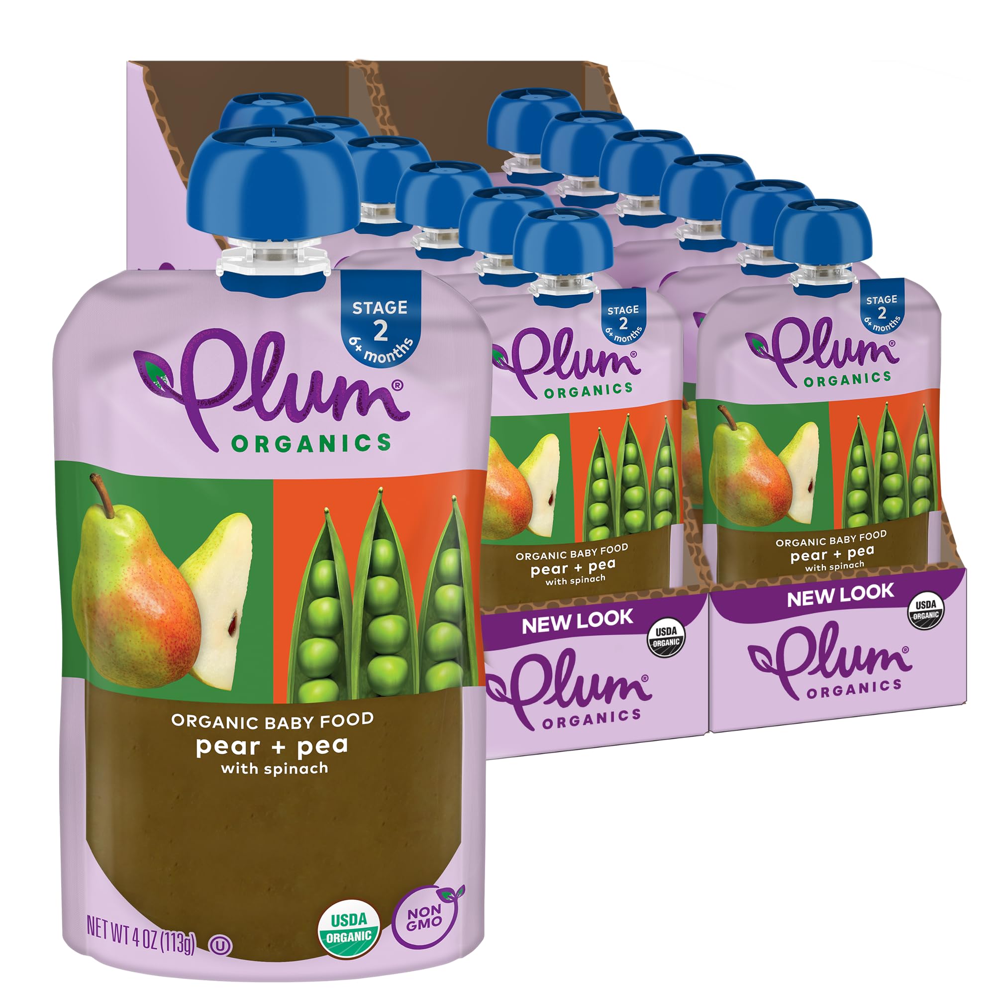 Plum Organics - 6+ Months Organic Baby Food - Pear + Pea & Spinach - Non-GMO - Fruit & Veggie Blends On-The-Go Pouches for Baby & Toddler Meals -