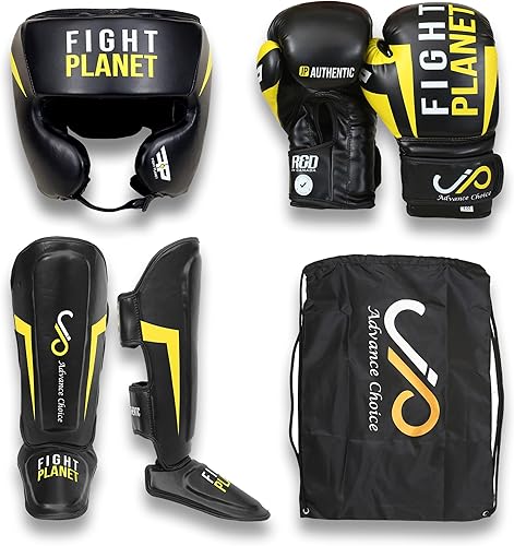 Fight Planet - Juego de boxeo con bolsa de transporte, juego de boxeo de 4 piezas, incluye casco de boxeo, guantes de boxeo, empeine y bolsa para