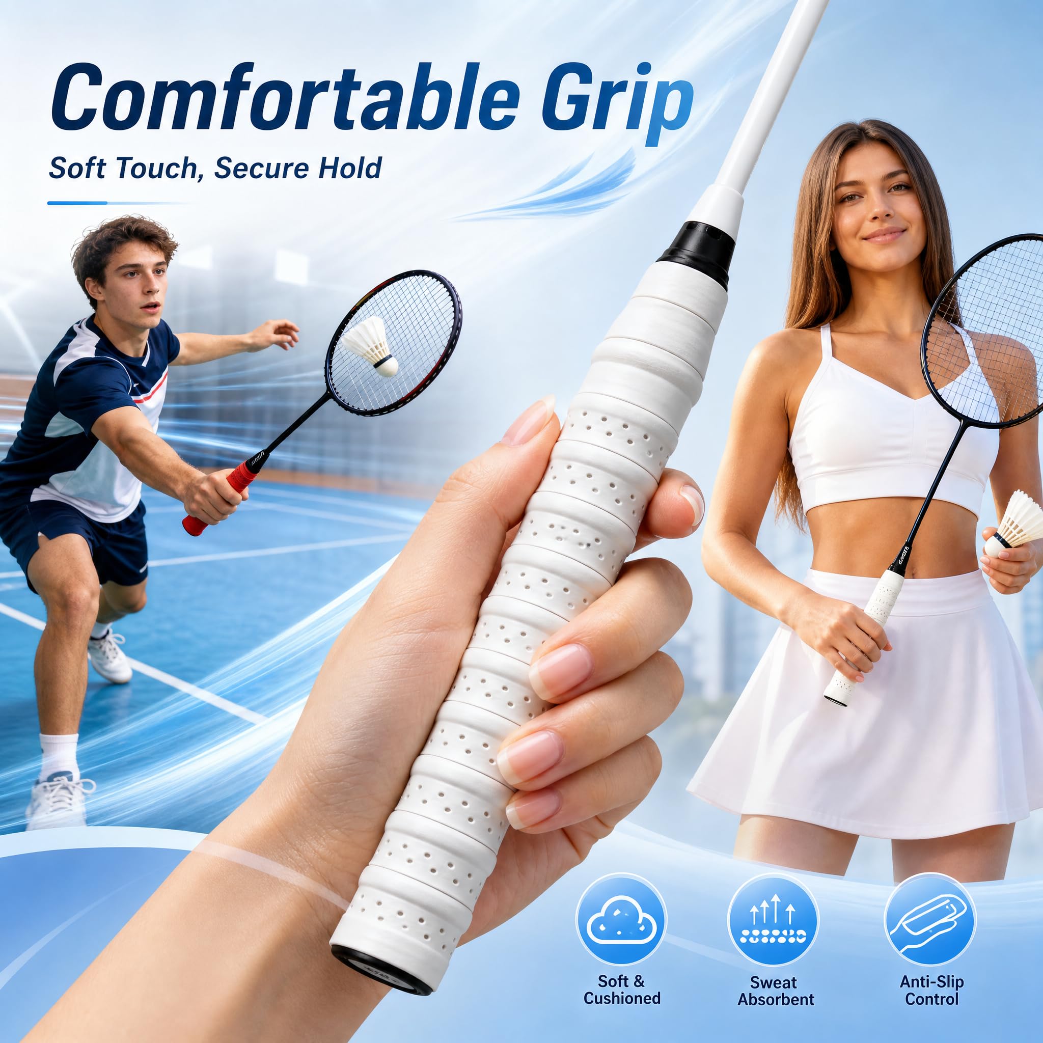 Lot de 4 bandes de préhension de badminton autocollantes en polyuréthane absorbant la transpiration, antidérapant et absorbant les chocs, pour raquettes de badminton, tennis et squash, 110 x 2,5 x 0,7