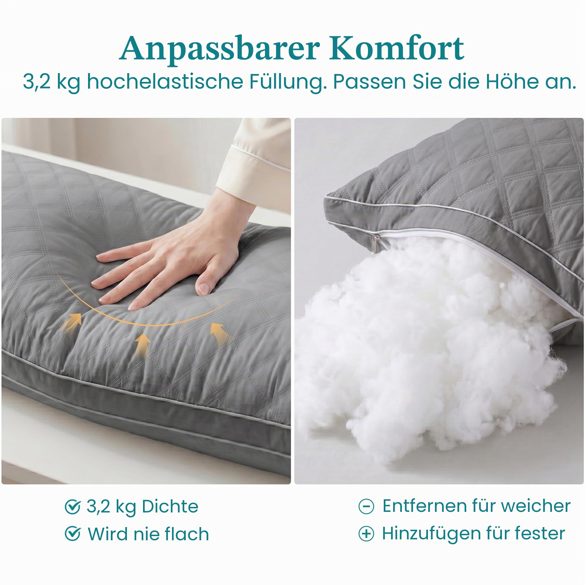 Oubonun Premium Seitenschläferkissen 53 x 137 cm – Langes Körperkissen mit anpassbarer Füllung – Gestepptes Body Pillow mit formstabiler Polyesterfüllung – Schlafkissen für Seitenschläfer