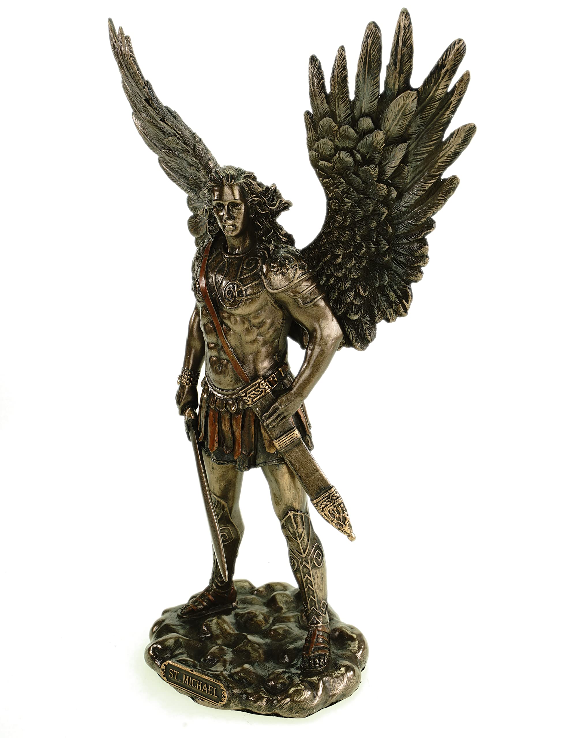 Scultura dell'Arcangelo Michele bronzato | 28 cm statua di angelo colorata a mano | figura in poliresina con spada | angelo custode decorazione per la casa | regalo spirituale
