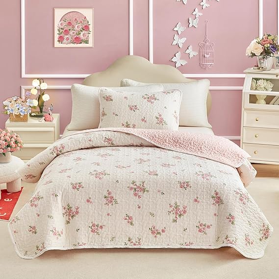 Joyreap Twin Size Quilt Set for Girls, Floral Pink n White Design, 2pcs Soft n Cozy Microfiber Quilt, Bedspread Bed Cover for All Season- 68x88 inches