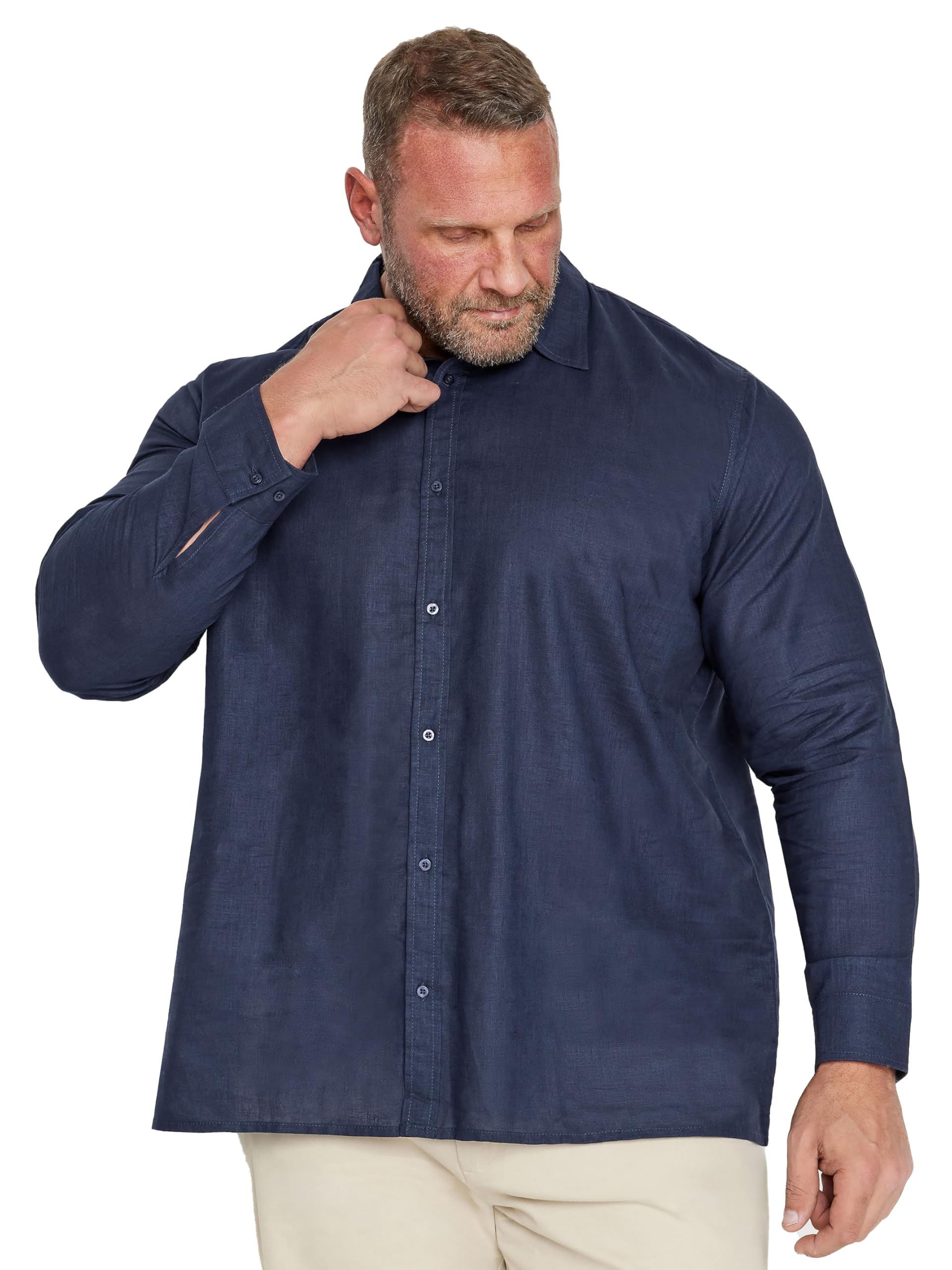 BadRhino Big & Tall Navy Long Sleeve Linen Shirt - Men's - Plus Size Curve