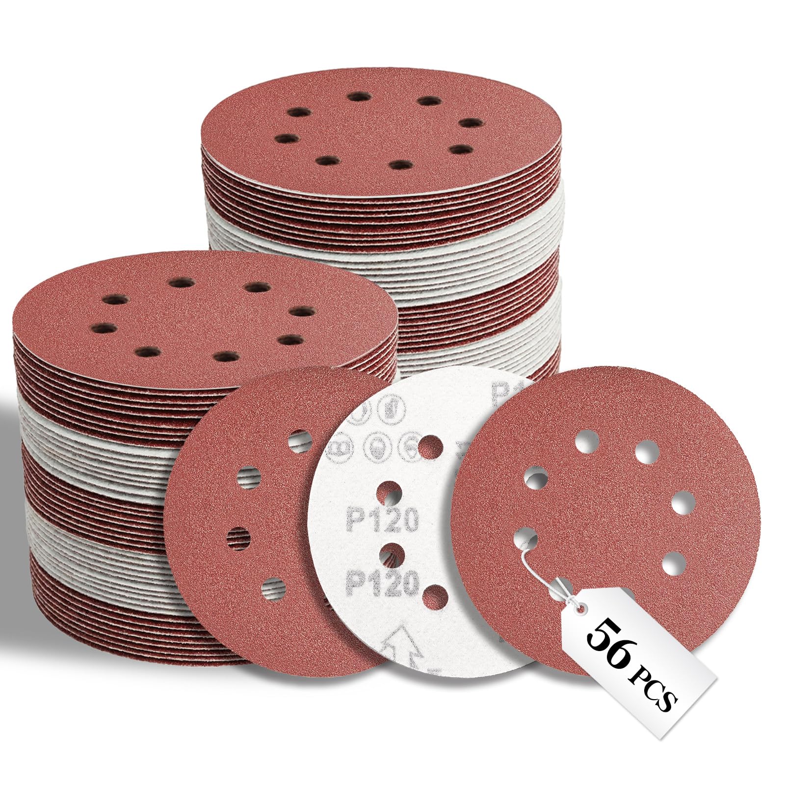 VKMKM 125mm Sanding Discs 56PCS, 120 Grit Orbital Sander Discs, 8-Hole Hook and Loop Sandpaper for Wood & Metal, Aluminium Oxide