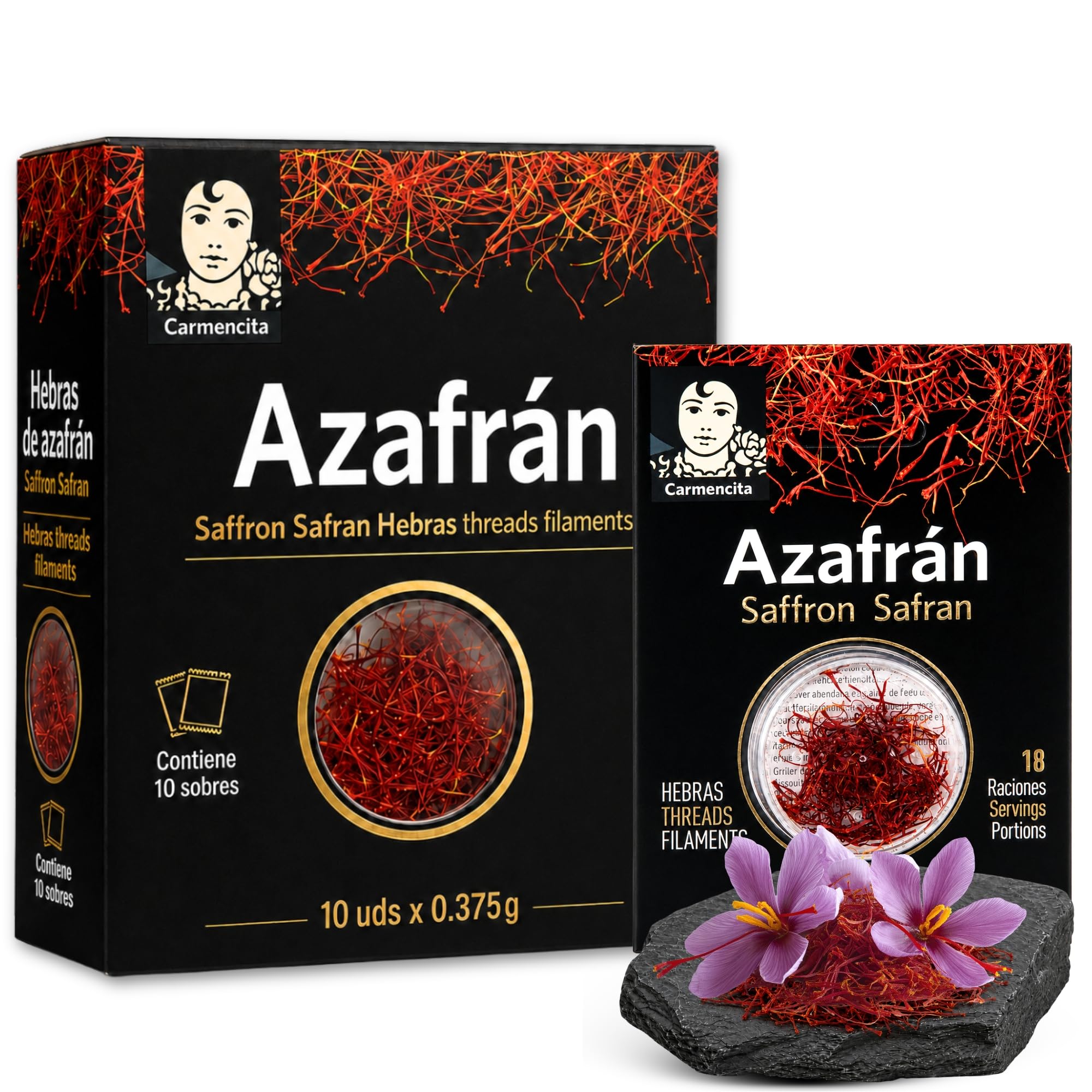 Hebras de azafrán, saffron safran, Azafrán Español de Calidad, ideal para paellas, estofados, sopas, patatas y gran cantidad de guisos, Peso Neto 0.375 g, Apto para 18 raciones, Contiene 10 sobres